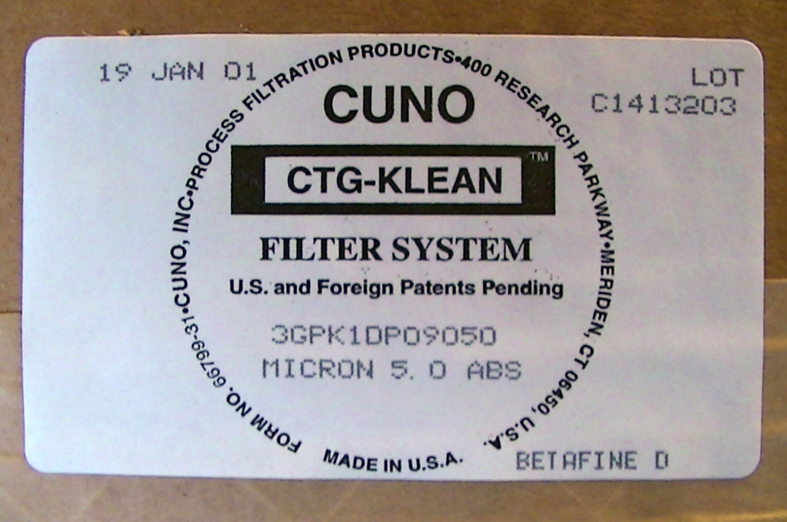 CUNO CTG-KLEAN FILTER 3GPK1DP09050 fluid purification MICRON 5.0 ABS BETAFINE D