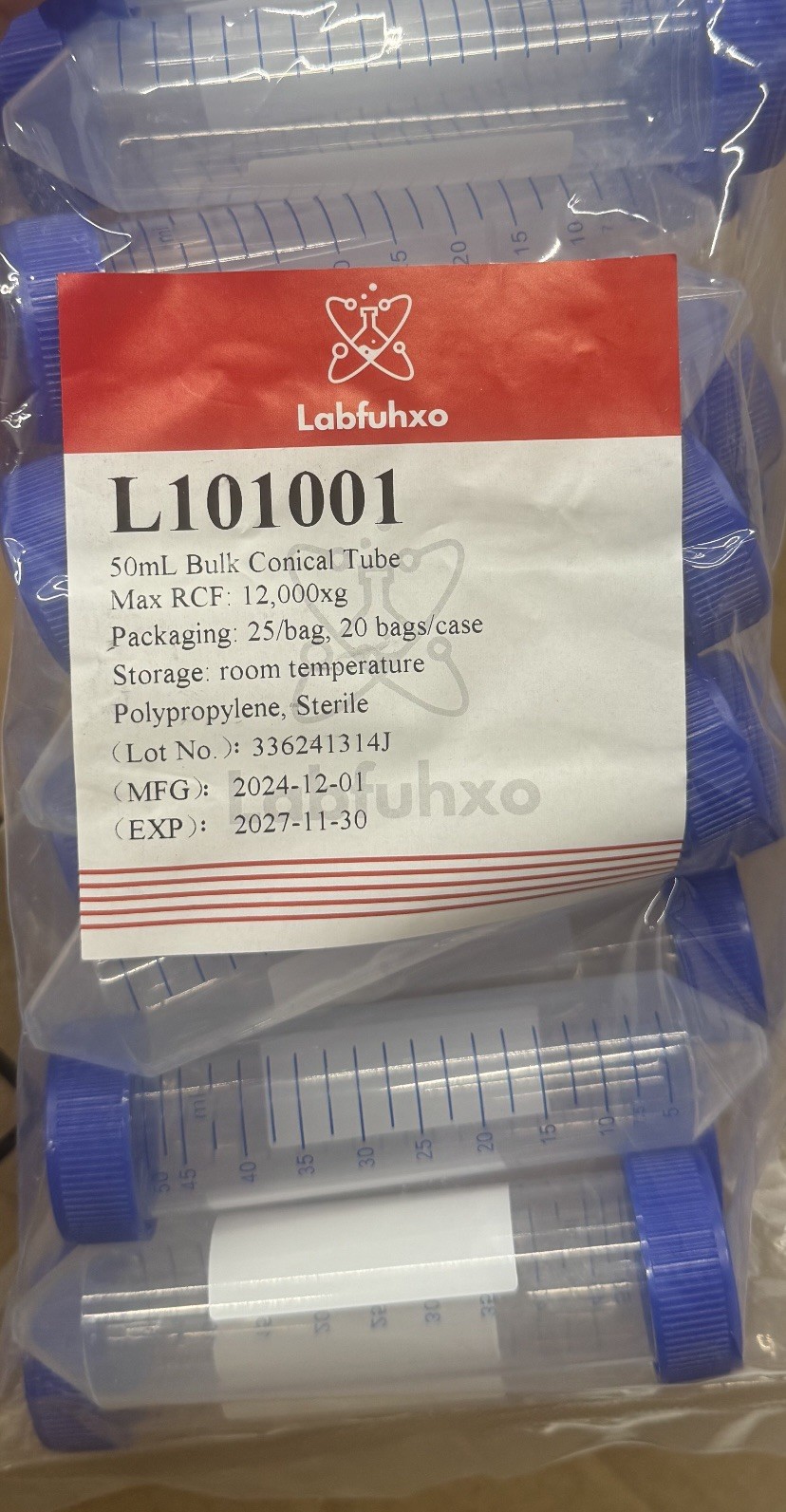 2 Pack of 25 50mL Conical Graduated Plastic Centrifuge with Blue Caps Tubes