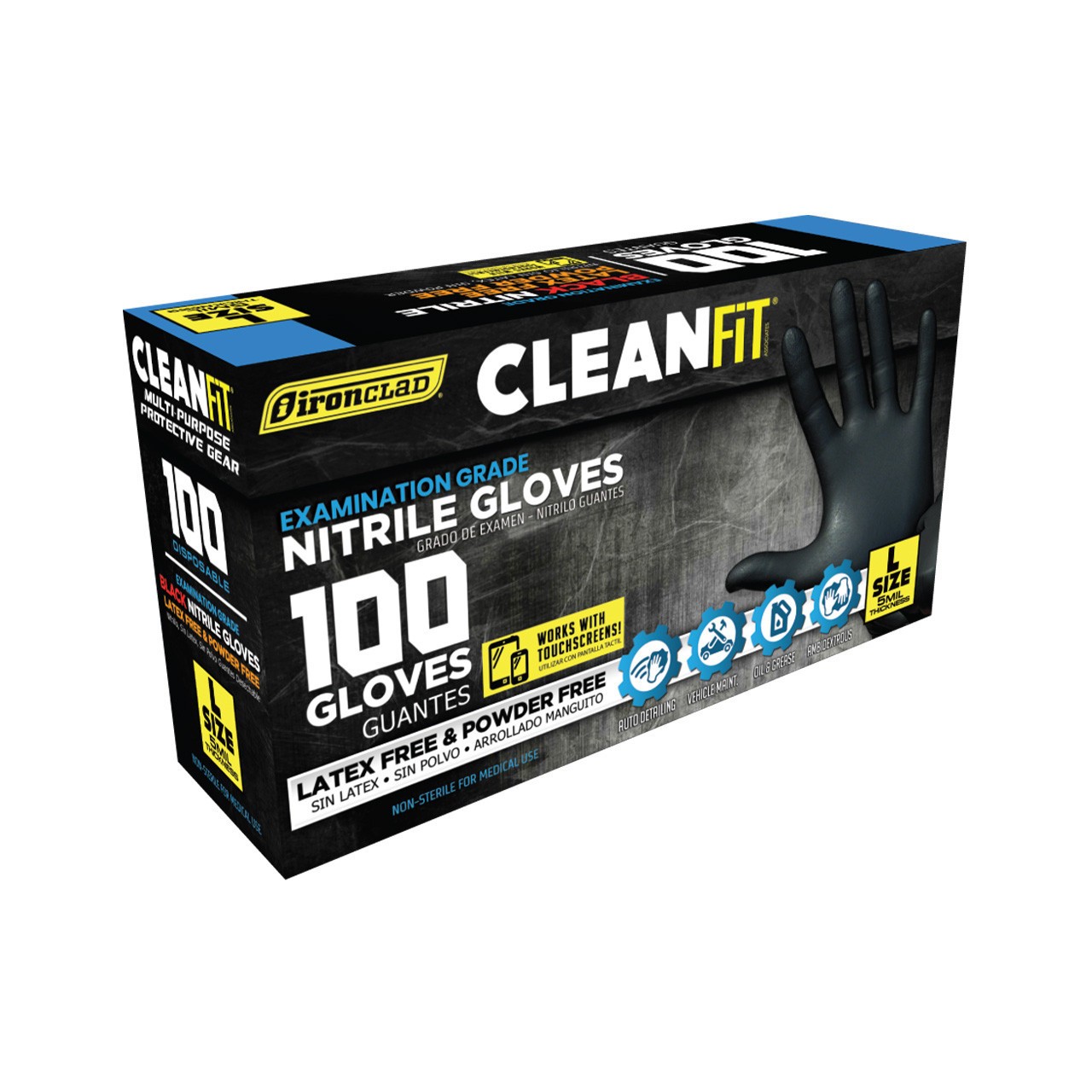 Ironclad CLEANFIT® 5MIL Nitrile Gloves Examination Grade BLACK (100 PACK) Medium