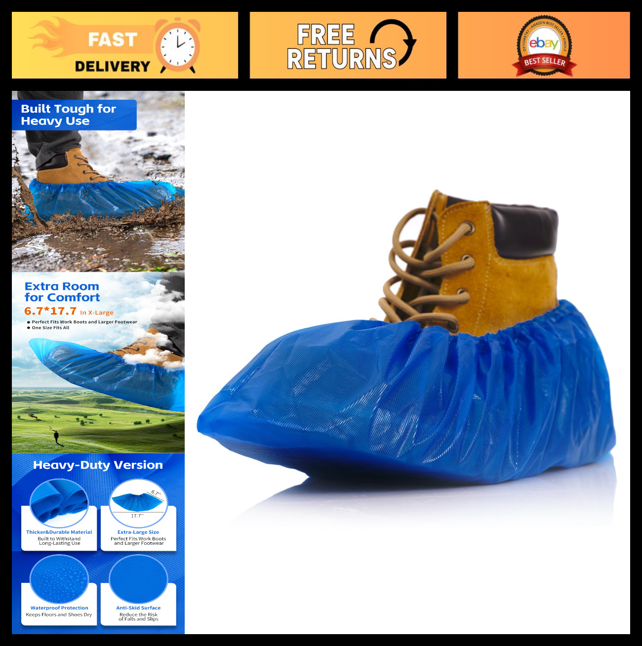 Extra Large Heavy Duty Disposable Shoe Covers – Waterproof Non-Slip Booties, 100