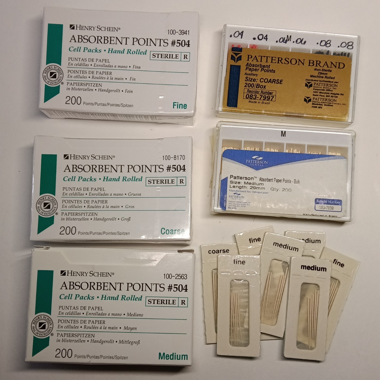 5 boxes Henry Schein and Patterson Absorbent Points 3 sealed boxes, 2 open Box
