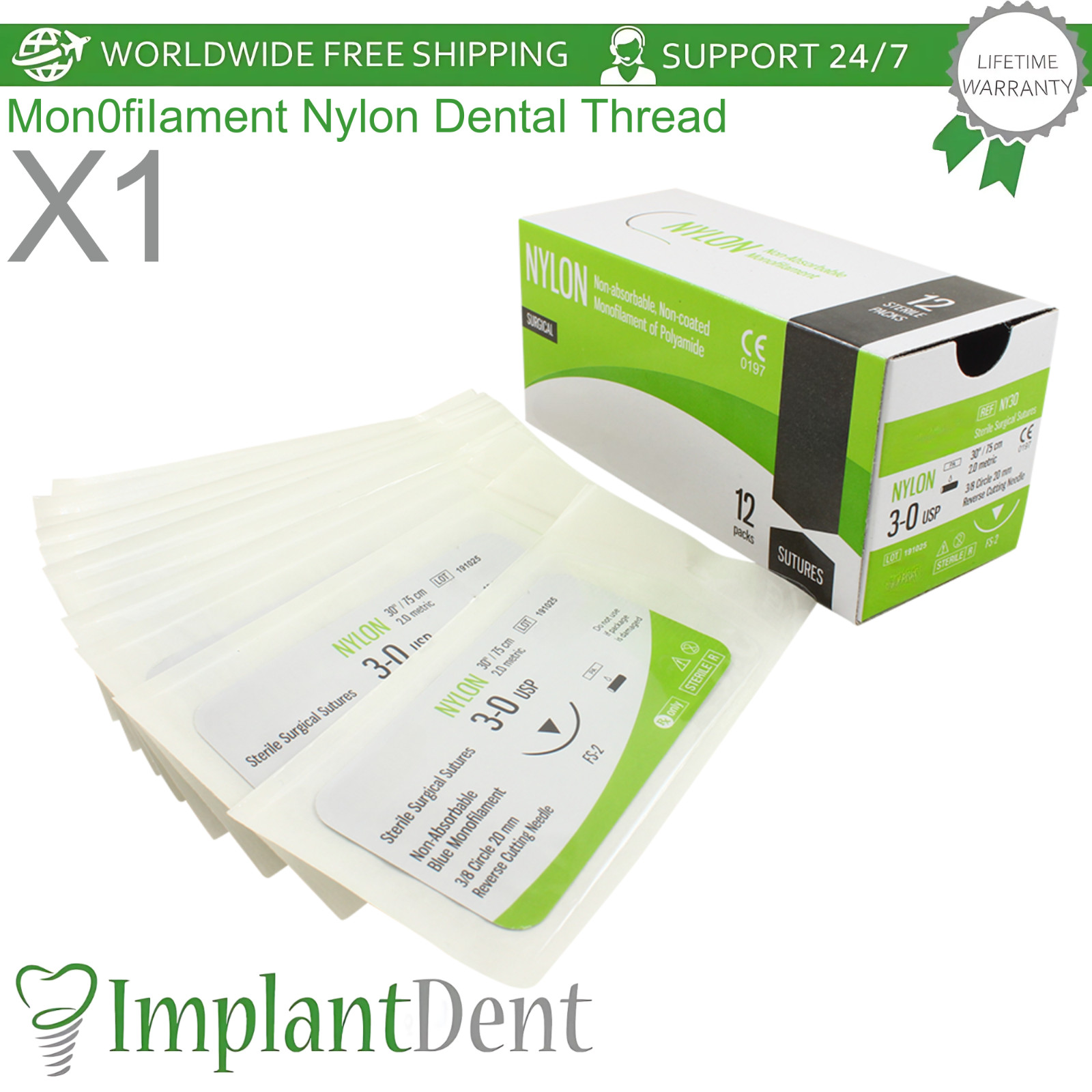 Mon0fiIament Nylon Dental Thread SteriIe 75cm 12pcs 3/8 Circle 20.0mm Reverse