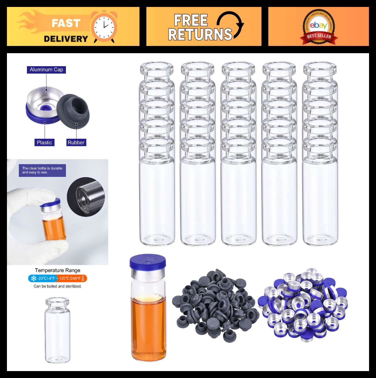 200pcs 10ml Clear Glass Vials with Caps & Rubber Stoppers – Mini Sample Bottles