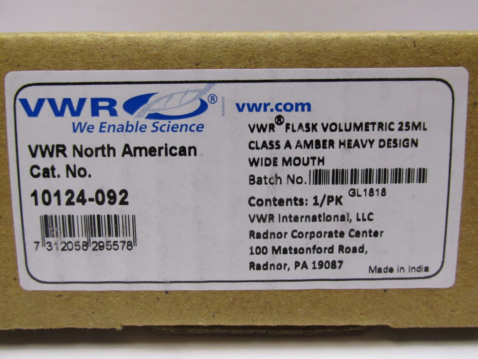 1 ea. VWR Flask Volumetric 25ML Class A Amber Heavy Design Wide Mouth #10124-092