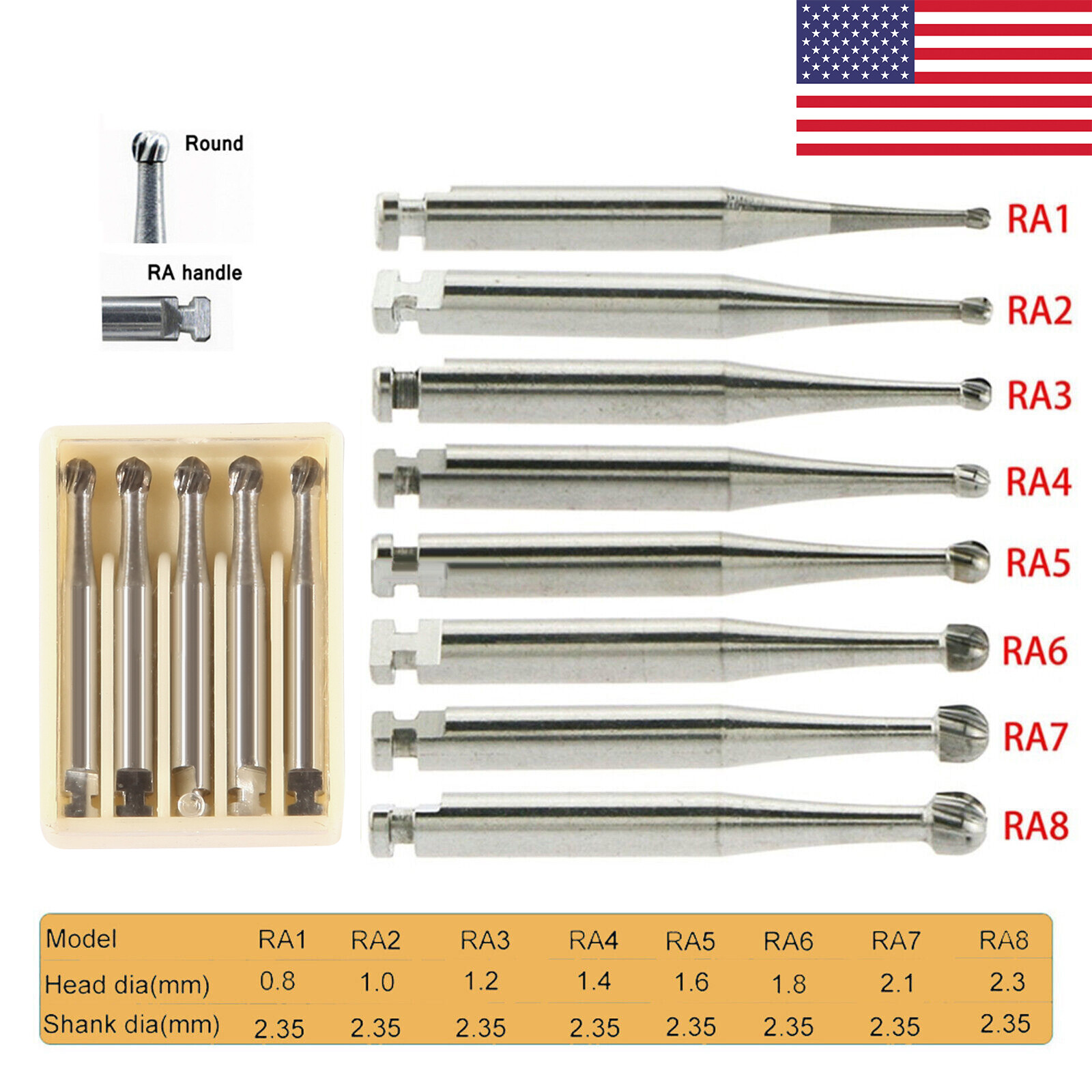 Dental Round Carbide Bur for Slow Speed Latch Type Handpiece RA 1# – 8# Burs 5pc