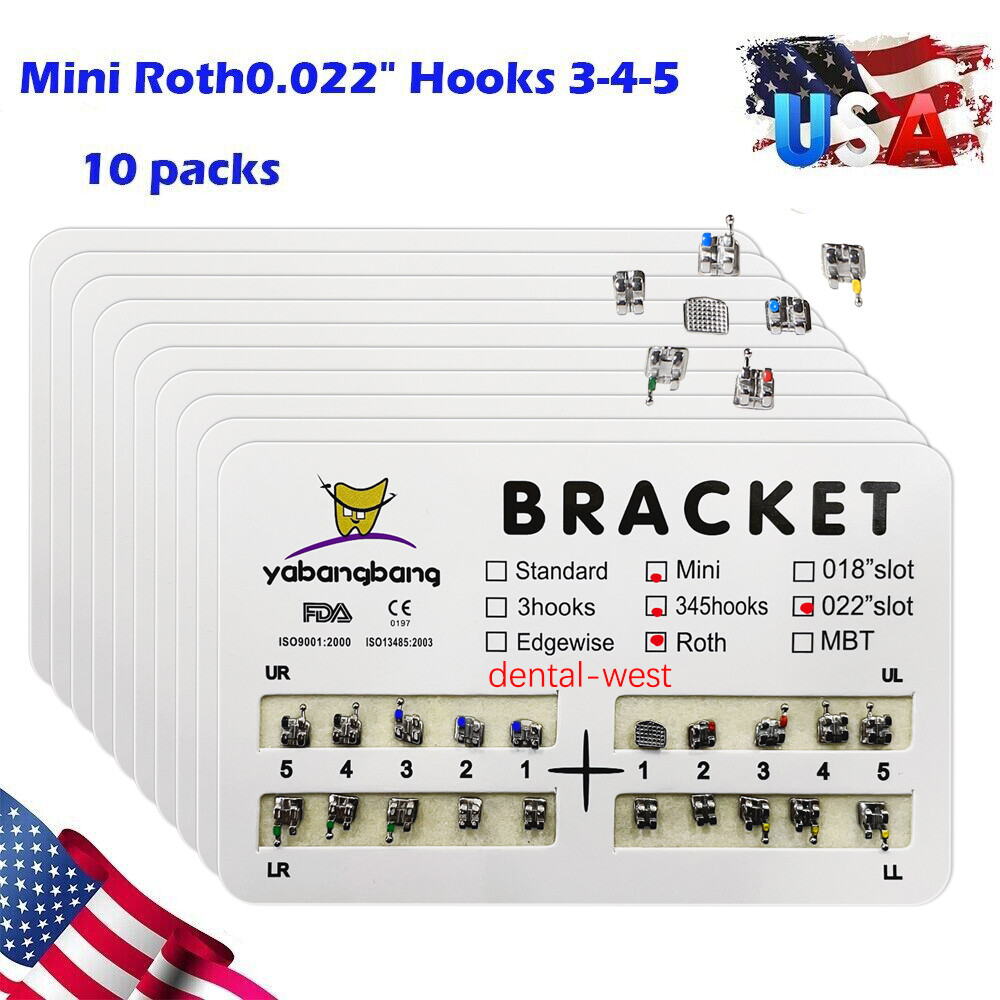 10 Kits Dental Orthodontic Brackets Braces Mini Roth Slot.022 3-4-5 Hook FDA CE