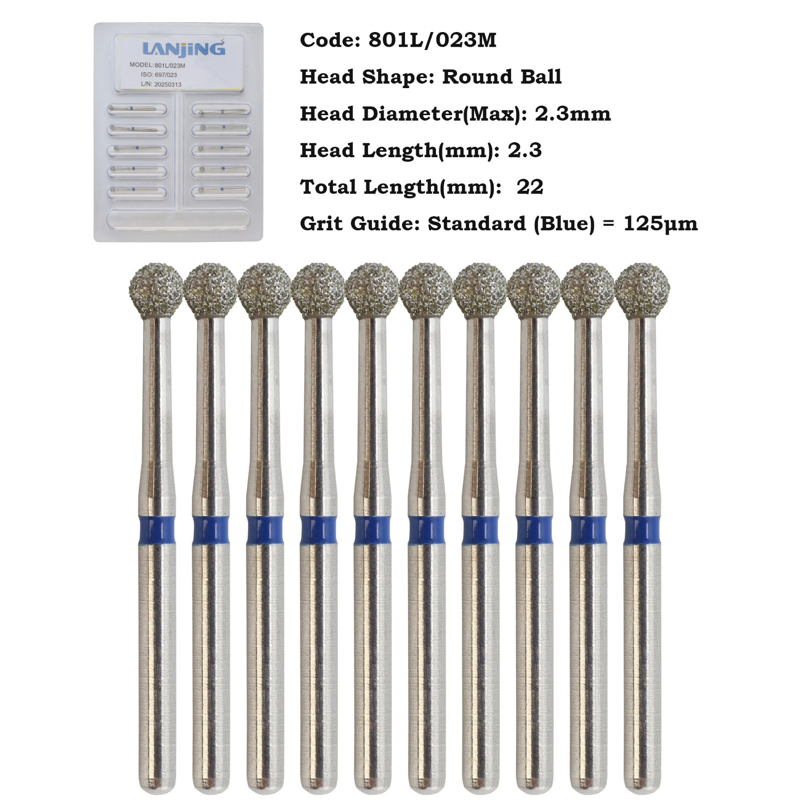Dental Diamond Burs for High Speed Handpiece FG Surgical Long Round Ball 801/016
