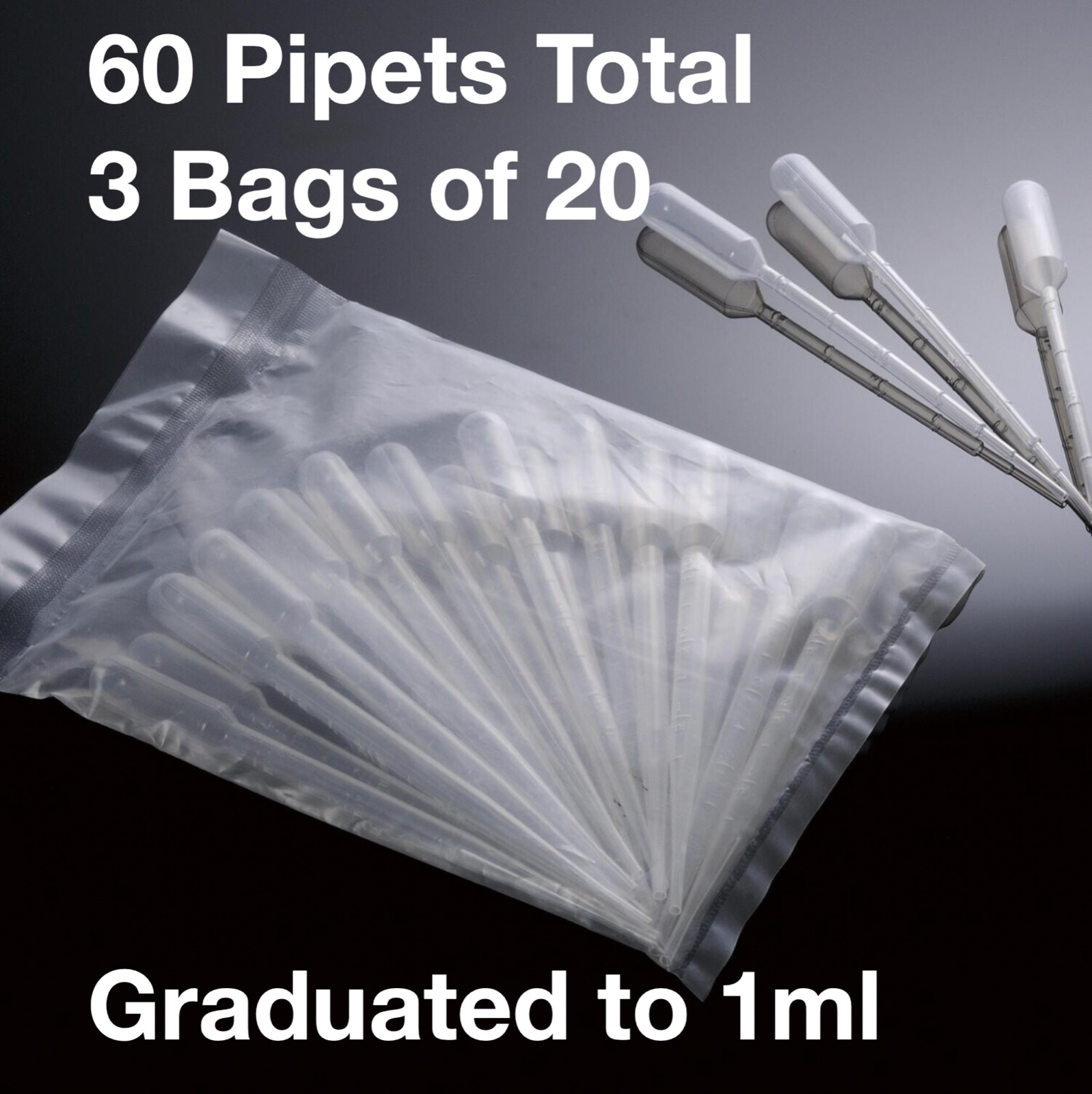 60 DISPOSABLE PLASTIC TRANSFER PIPETTES GRADUATED TO 1ML BIOLOGIX BRAND