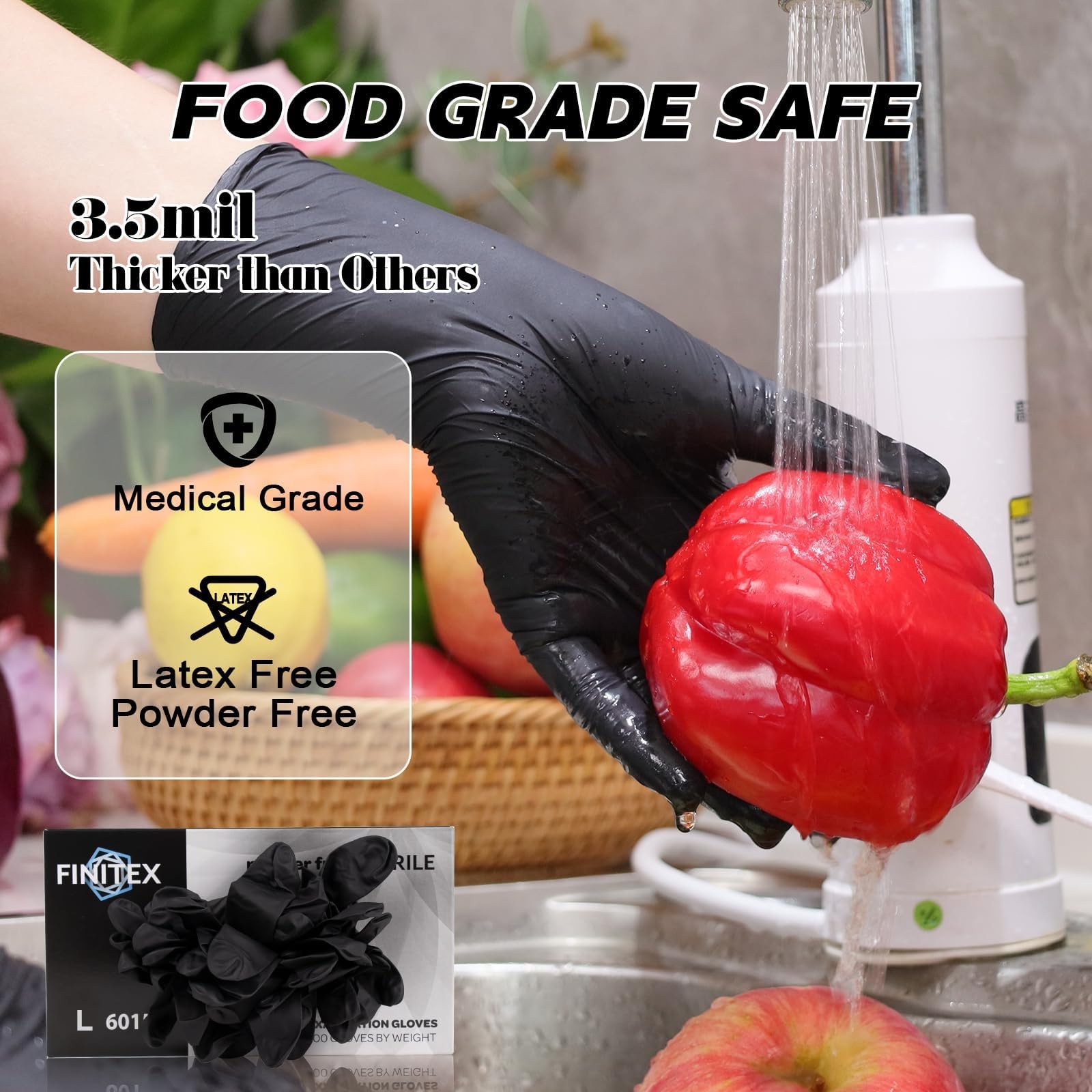FINITEX Nitrile Disposable Gloves – Black, 3.5mil, 100PCS, Powder-Free, Medic…
