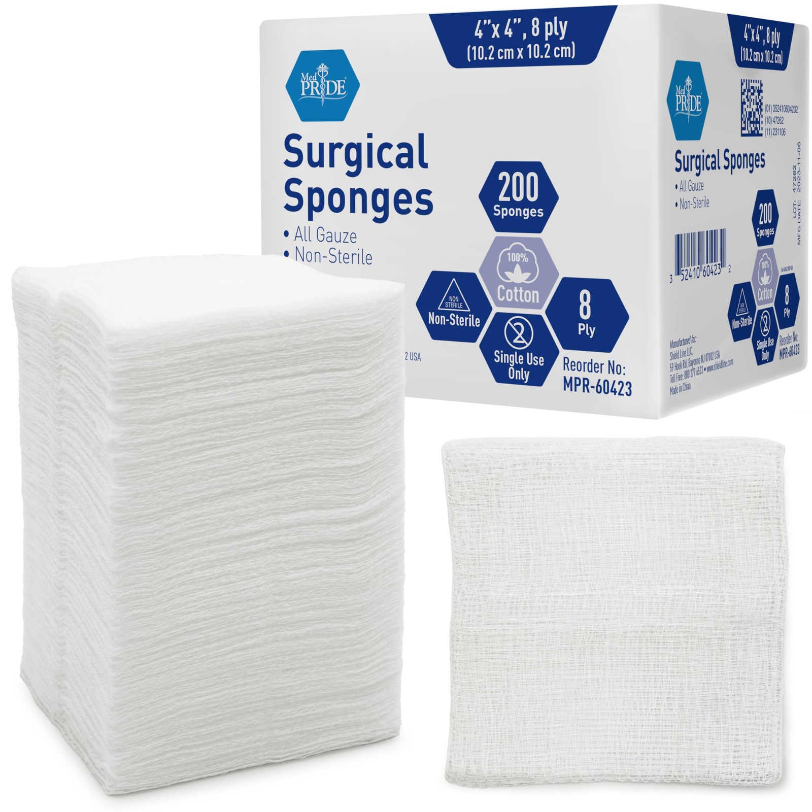 MED PRIDE Surgical Sponges 200 Pack 4» x 4», 8 ply 200 Count (Pack of 1)