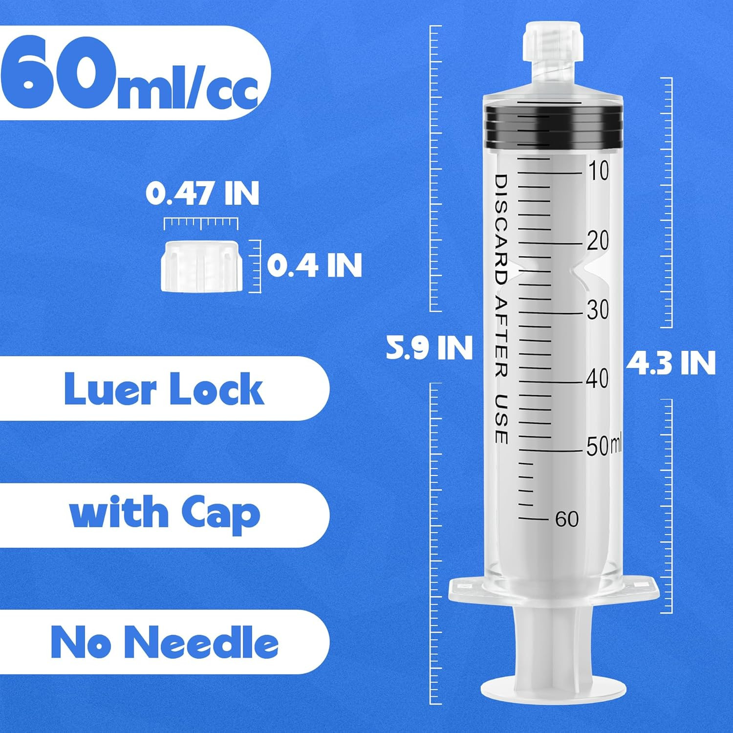 60Ml Luer Lock Syringes without Needle – Syringe with Cap, Sterile Individually