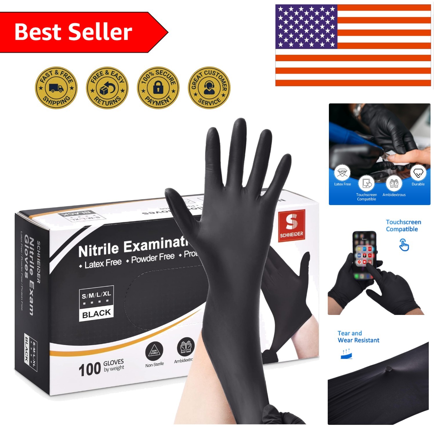 Black Nitrile Exam Gloves, Medium – 100-ct Box, Latex-Free & Puncture Resistant