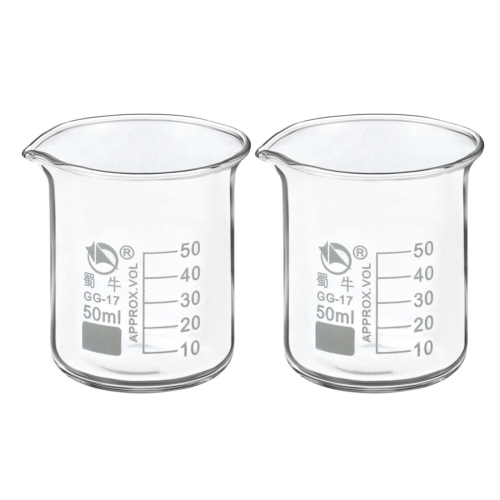 2pcs 50ml Low Form Glass Beaker 3.3 Borosilicate Graduated Lab Measuring Cups
