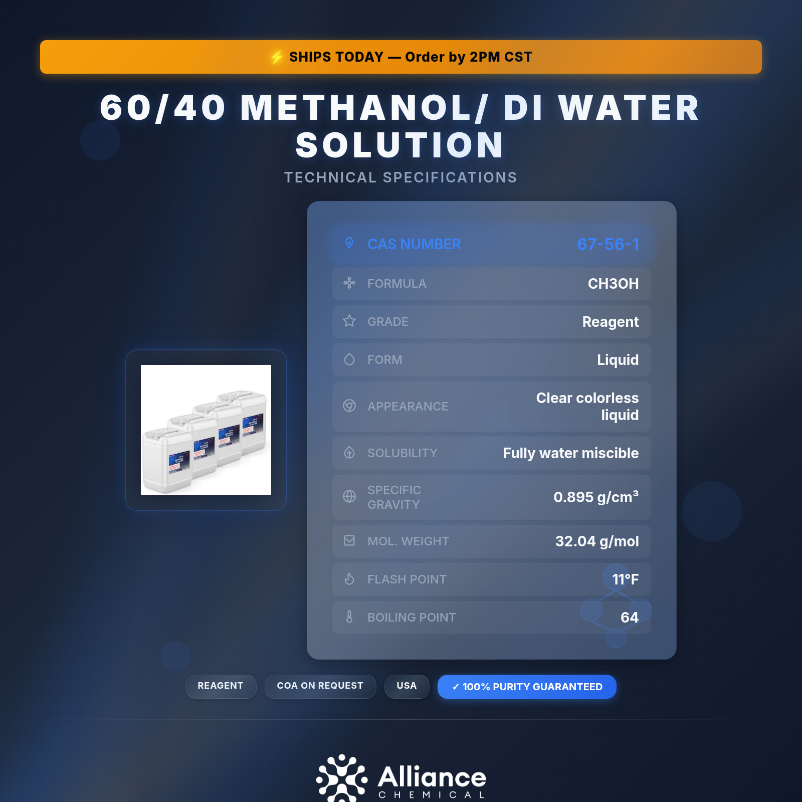 60/40 Methanol/ DI Water Solution – 4 x 5 Gallon Pails