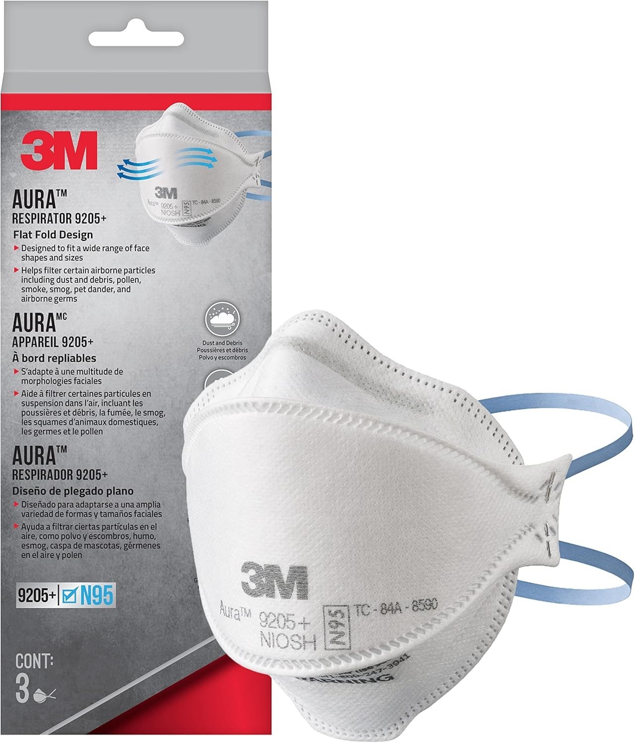 3M Aura 9205+ N95 Particulate Respirator, 3-Panel Comfortable Protection Mask