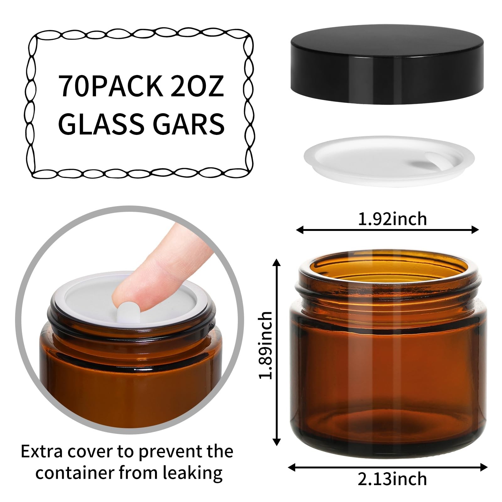 KEYWING 70x 2oz Amber Glass Jars w/ Black Lids Sample Cosmetic Cream Lotion Jars