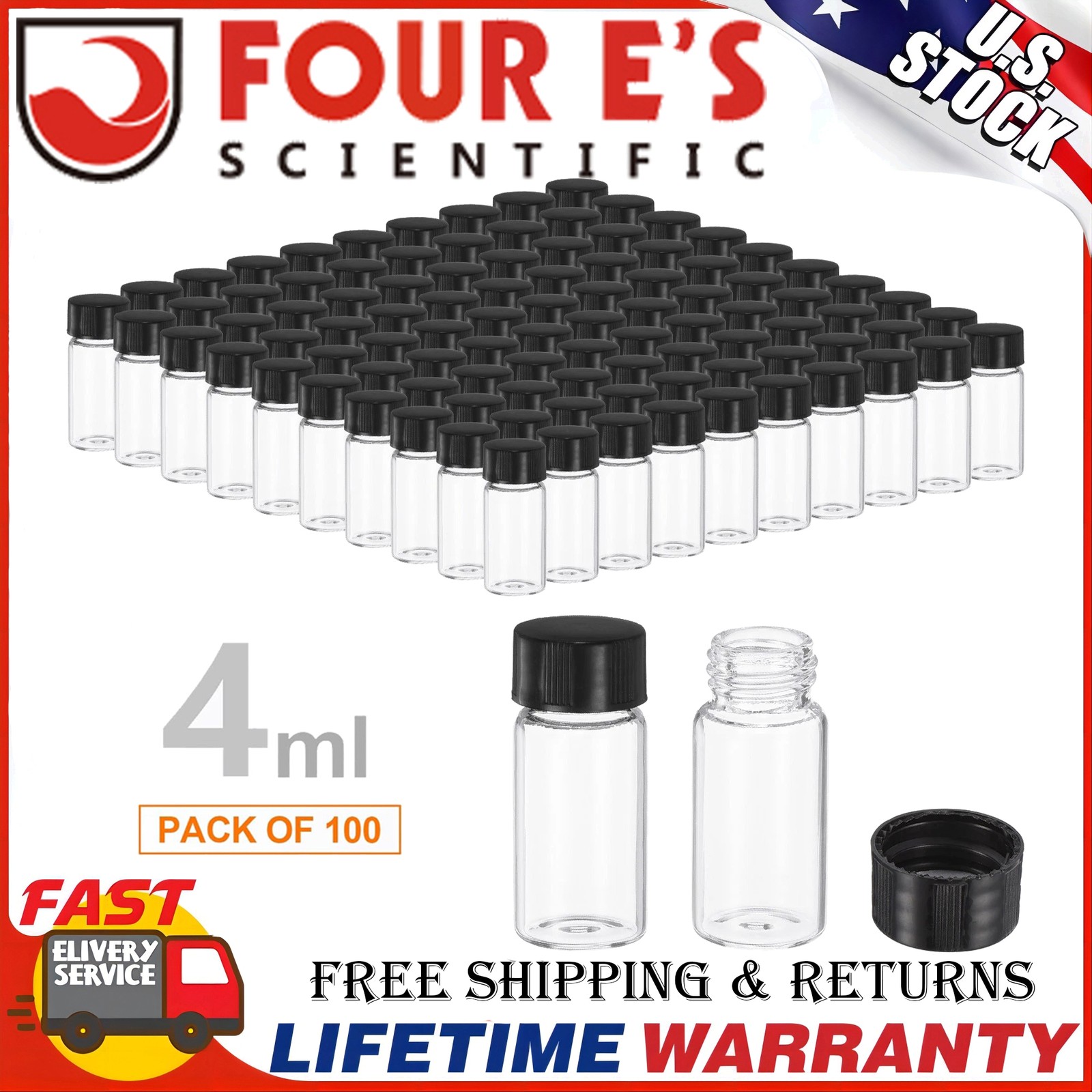 100x 4ml Borosilicate Glass Vials w/ Screw Caps Clear Liquid Sample Vial Bottles