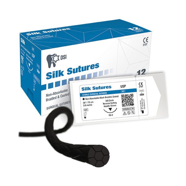 Silk Non-Absorbable Sutures, 1/2″ Reverse Cutting, J-1, 3/0, 12/Box, 18″