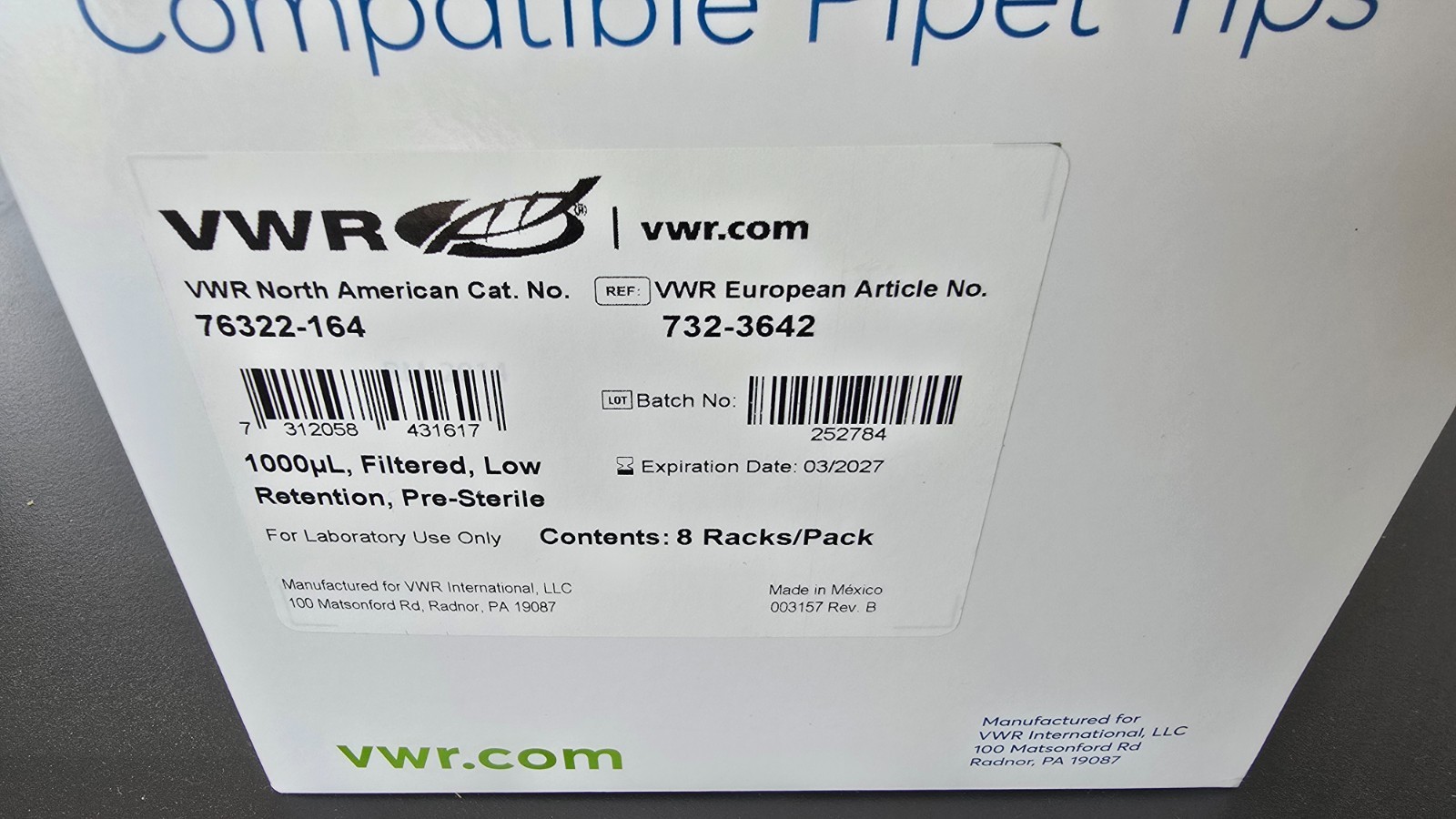 VWR Pipette Tips LTS Compatible 1000ul, Filtered, Low-Retention, 96/rack 8 racks