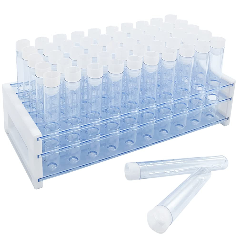 50Pcs Clear Plastic Test Tubes with Rack,16 X 100Mm Tube with Caps and 50 Holes