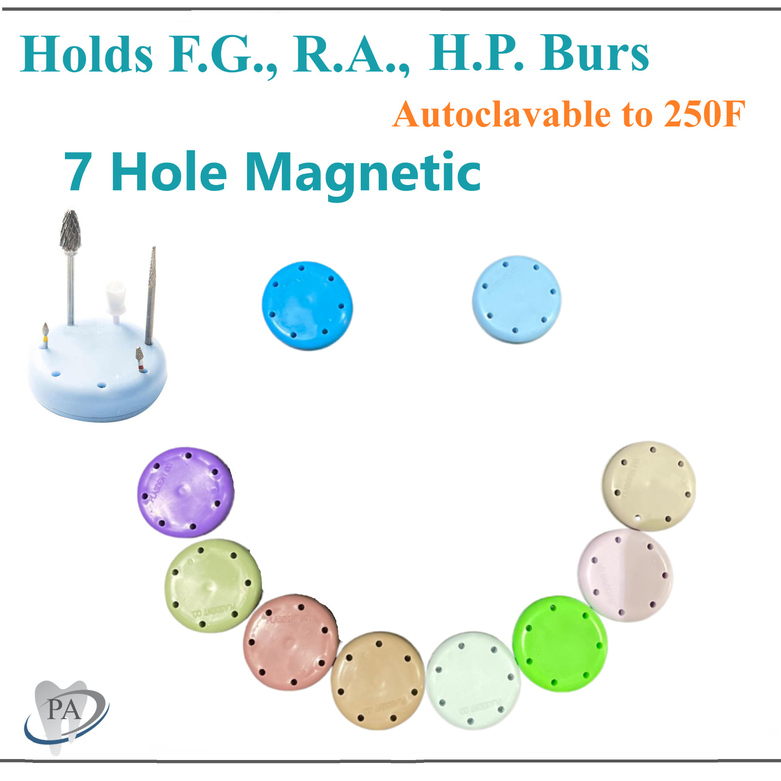 Round Magnetic Dental Lab Bur Block Holder Station Holds 7 Burs FG & RA, FGOS