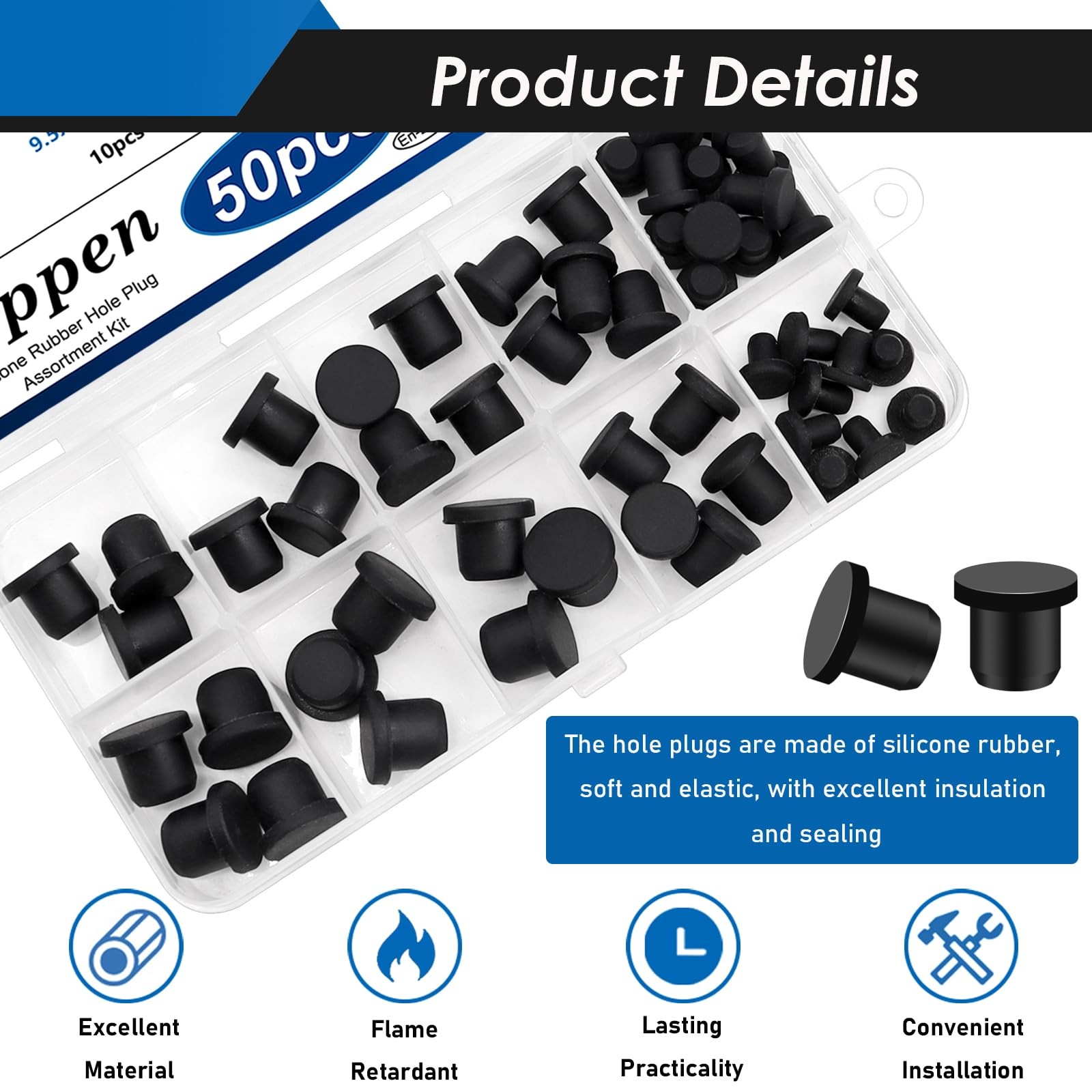 50 Pcs Black Silicone Rubber Hole Plugs 5 Sizes Round Hole Cap Set