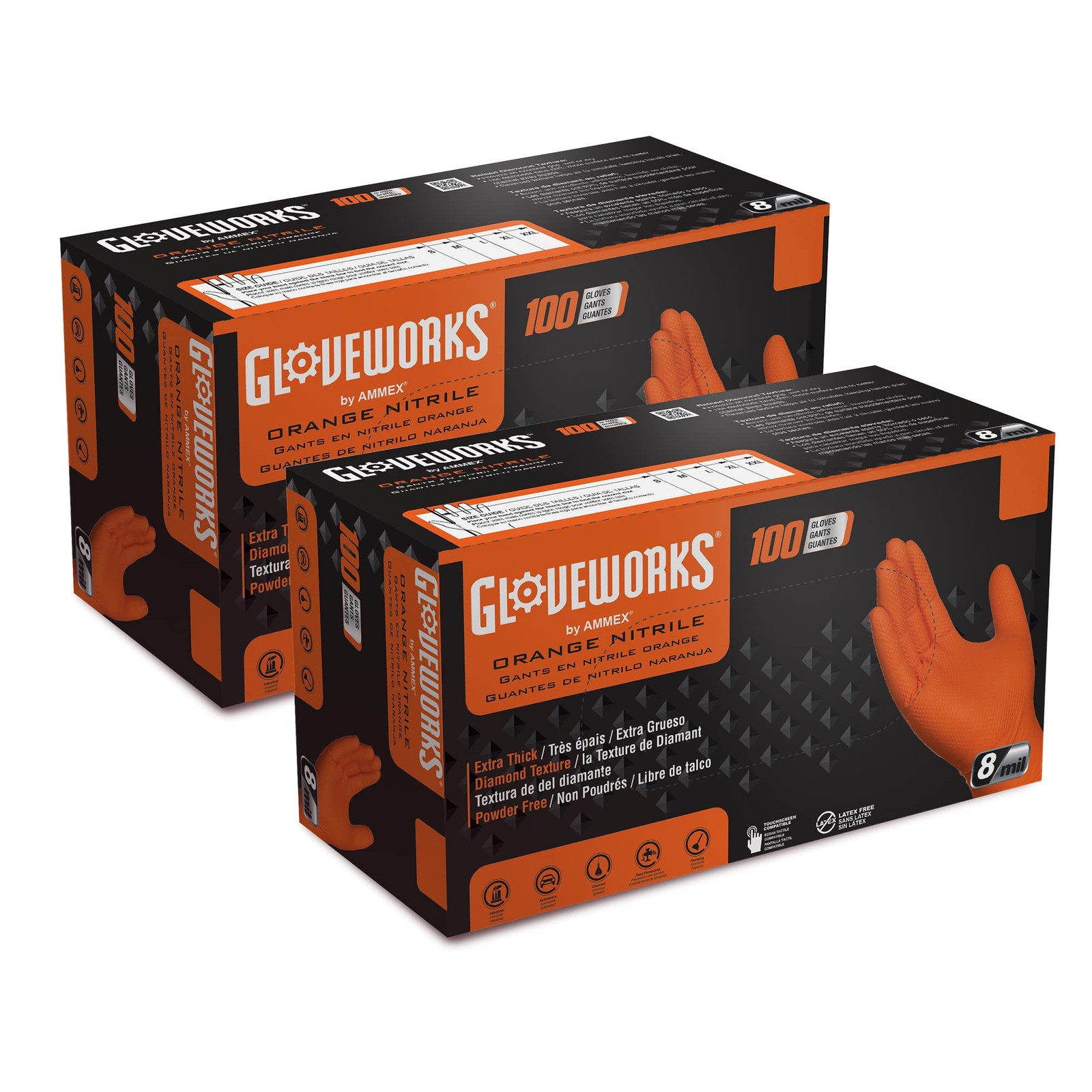 GLOVEWORKS 8 Mil Orange Nitrile Gloves, Medium, 2 Boxes of 100