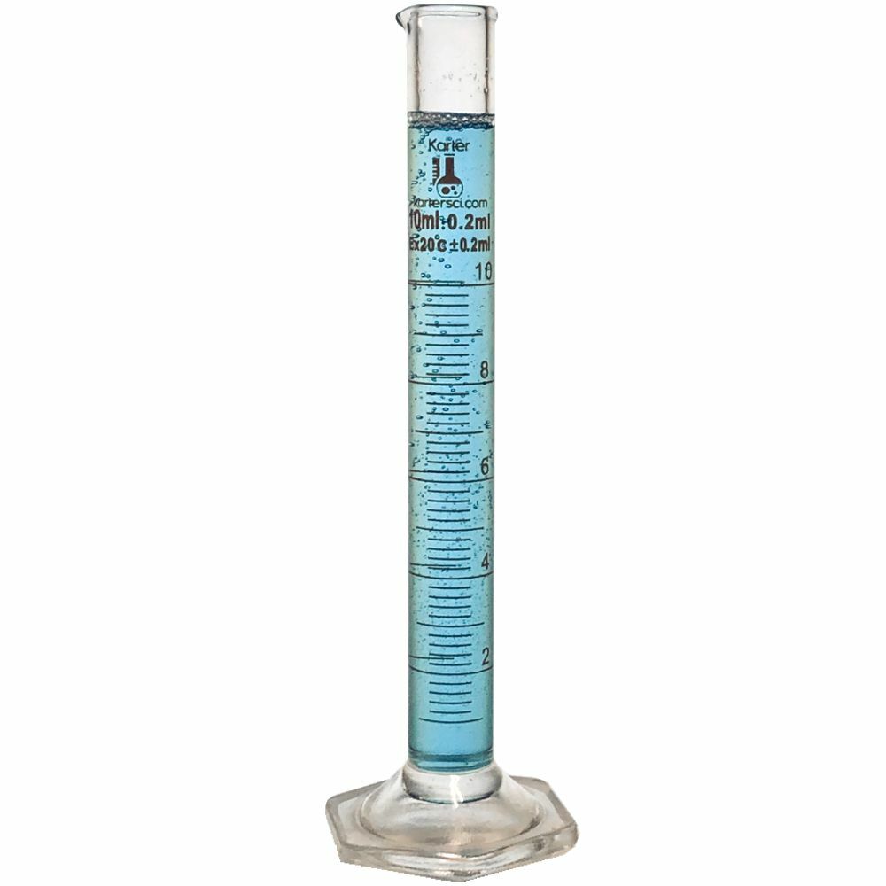 10ml Graduated Cylinder, Glass, Hex Base, Karter Scientific 213I10 (Single)