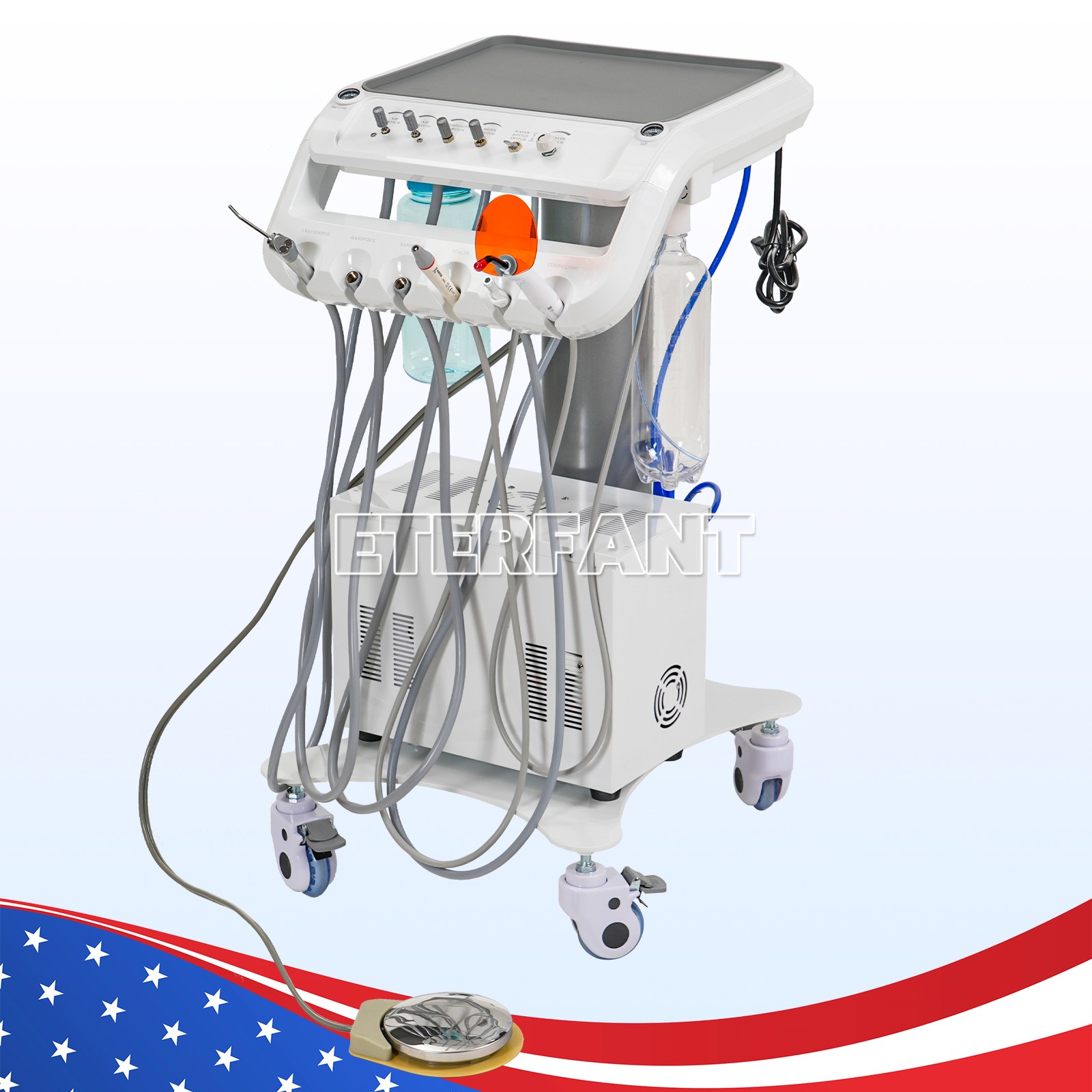 Dental Portable Mobile Cart Delivery Unit System 4Holes with Air Compressor US