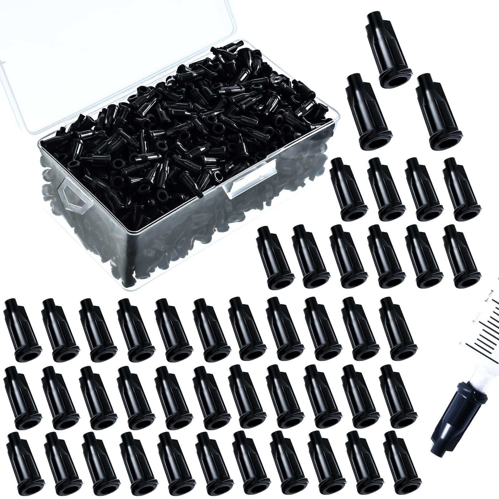 1000PCS Syringe Tip Caps Luer Lock Dispensing Needle Caps Black w/ Storage Box