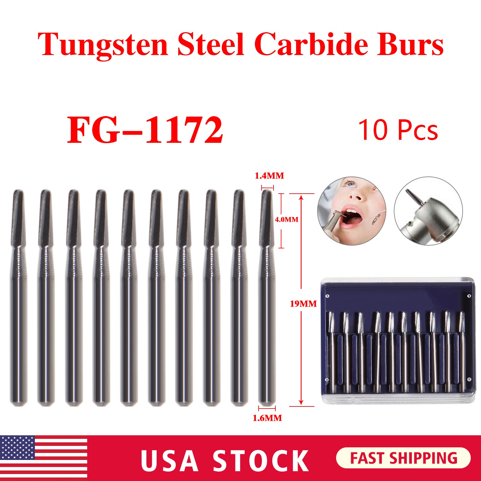 10-100* Dental Tungsten steel Carbide Burs FG#1172 Friction Grip for High Speed