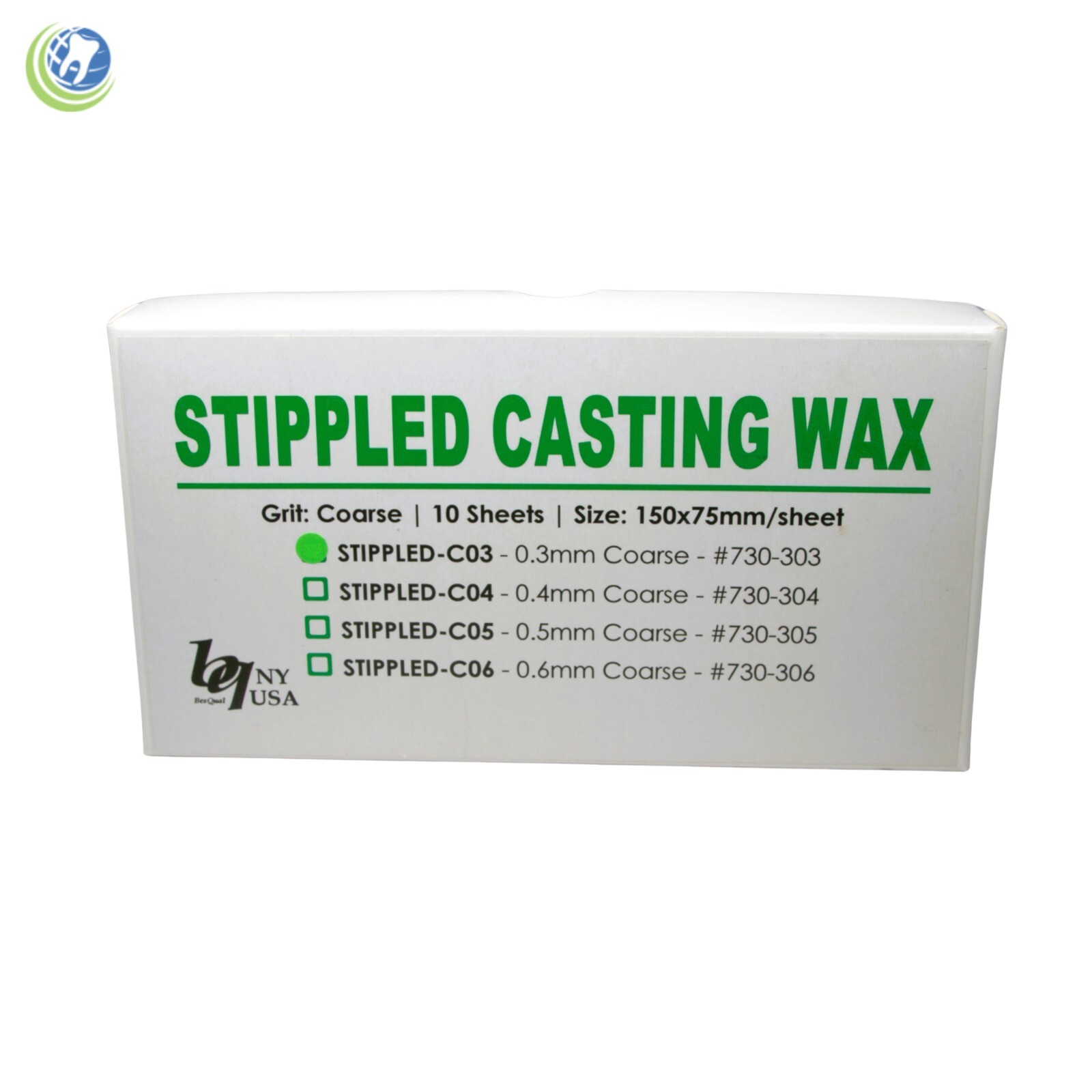 Dental Lab Stippled Casting Wax Pattern Green 0.3mm 3” x 6” — 10 Sheets
