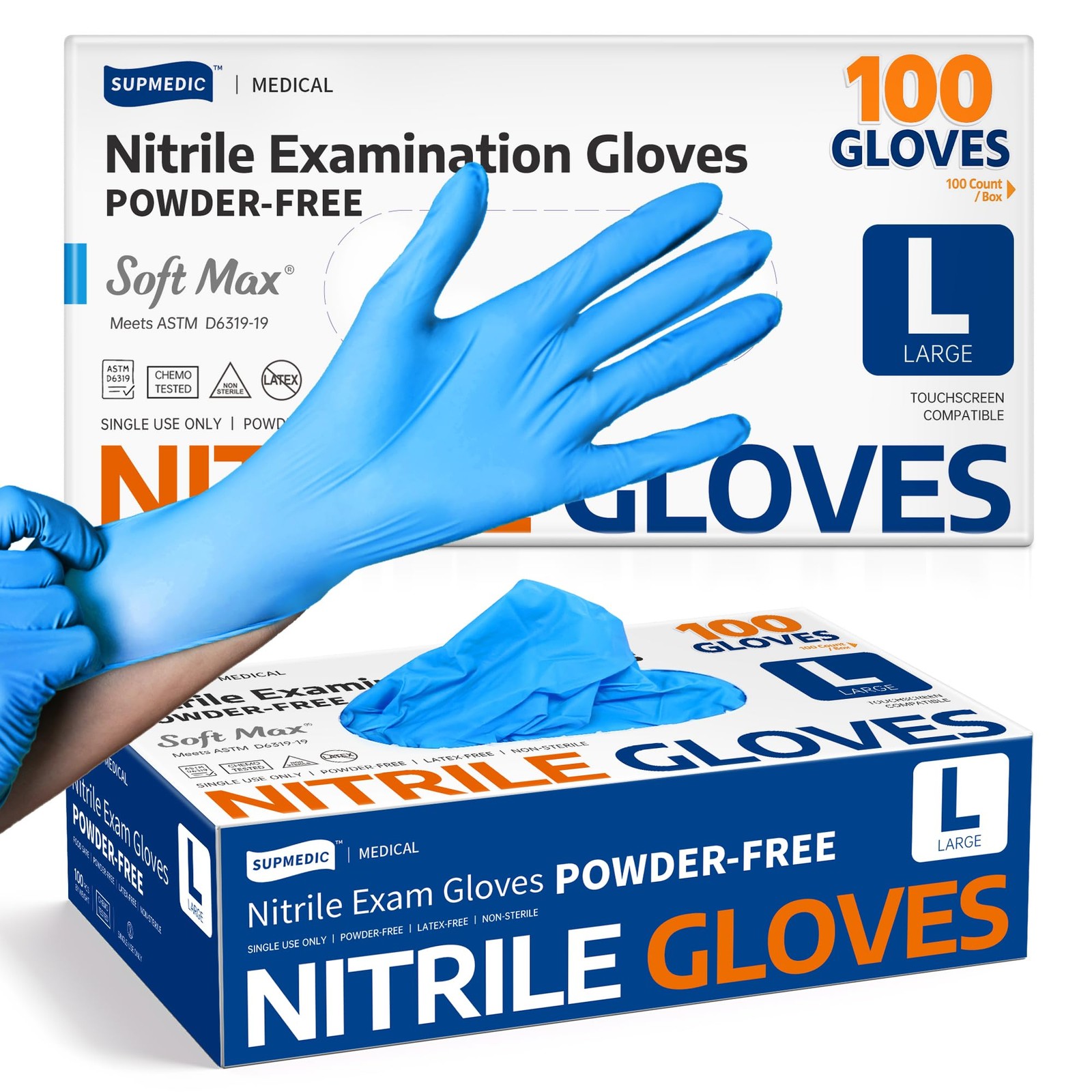 Supmedic Medical Nitrile Exam Gloves, Latex-Free, Large, Blue (Large)
