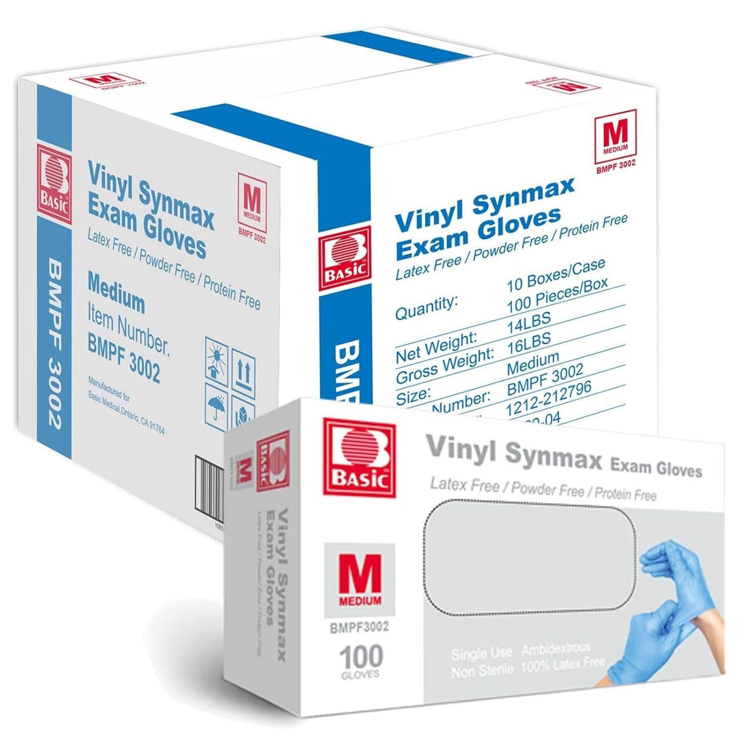 Basic Synmax Vinyl Exam Gloves Disposable Exam Gloves, 4 Mil, Blue, Latex & Powd
