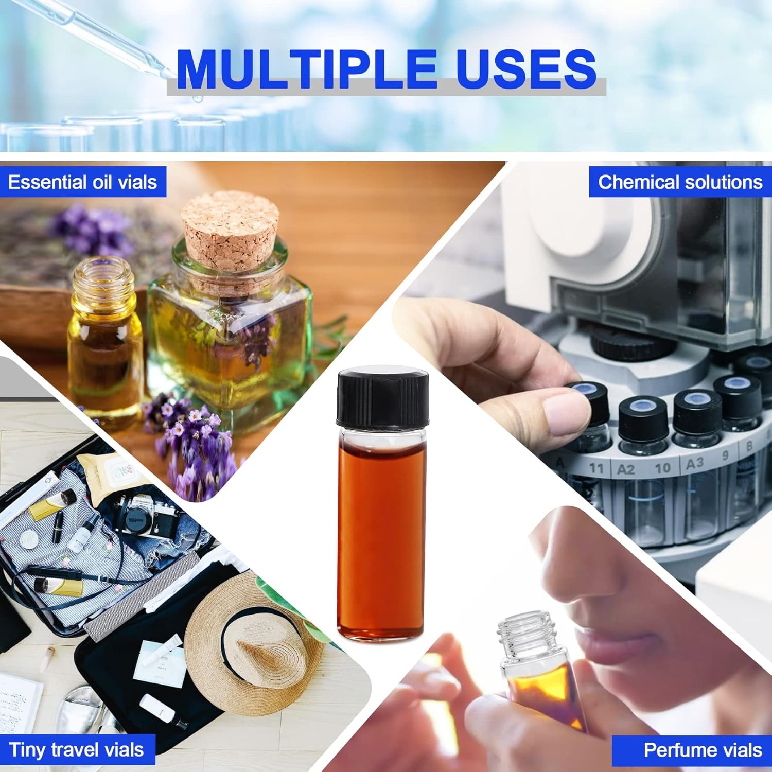 4ml 100X Clear Glass Vials w/ Screw Caps and Plastic Stoppers 1 Dram Sample Vial