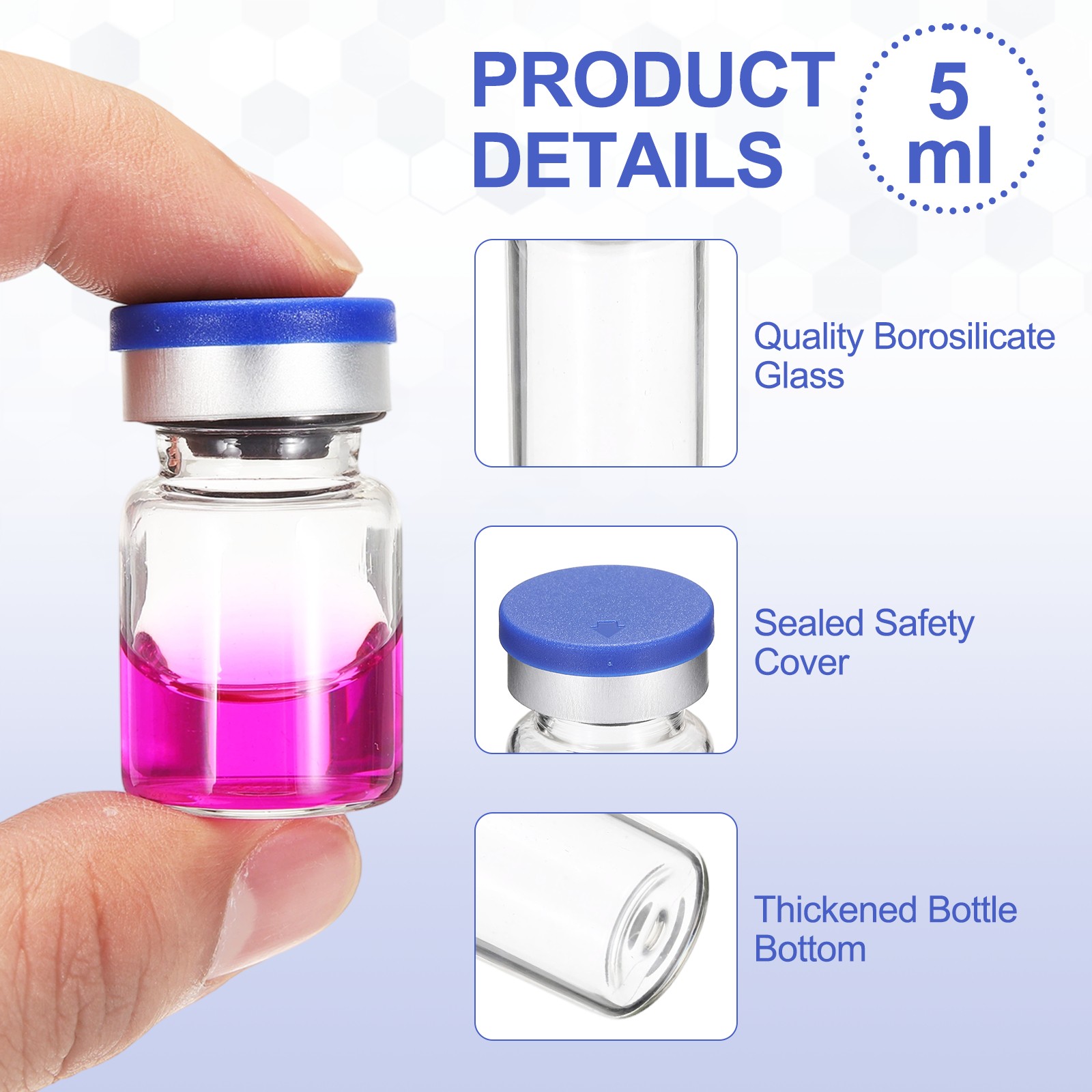 10 Pack 5ml Lab Empty Vials for Injection, Transparent and Blue