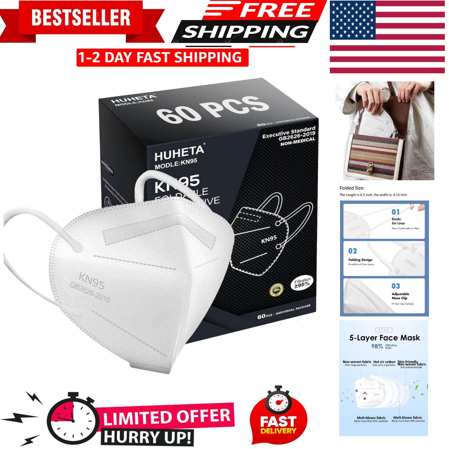 Breathable KN95 Face Masks – 60 Count with Adjustable Nose Clip for Perfect Fit