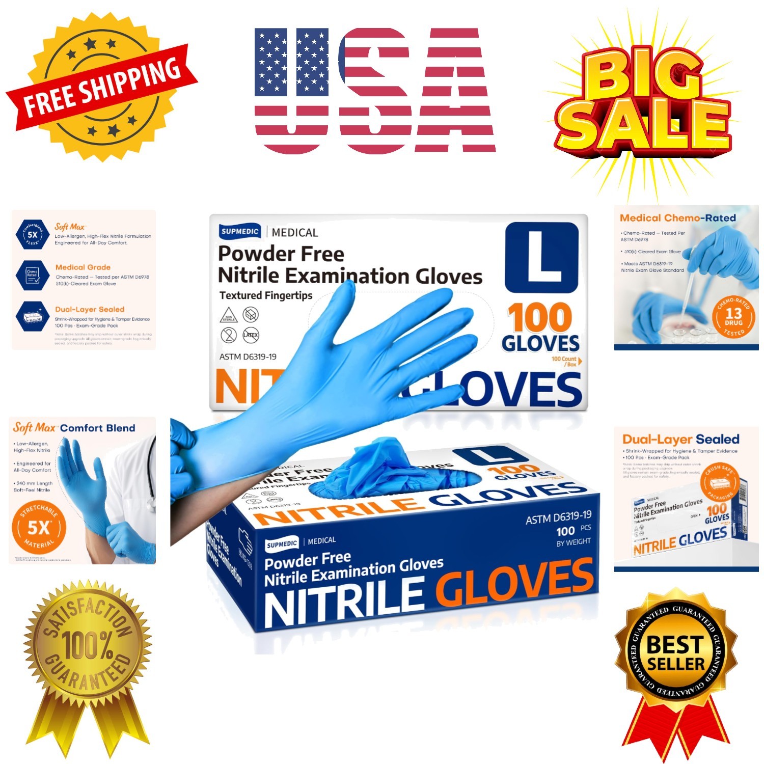 Medical Soft Max Nitrile Exam Gloves, 100 Count Latex-Free Powder-Free Non-St…