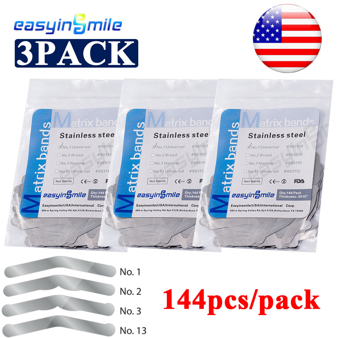 3packs Dental Stainless Steel Tofflemire Matrix Bands (144pcs/pack) EASYINSMILE