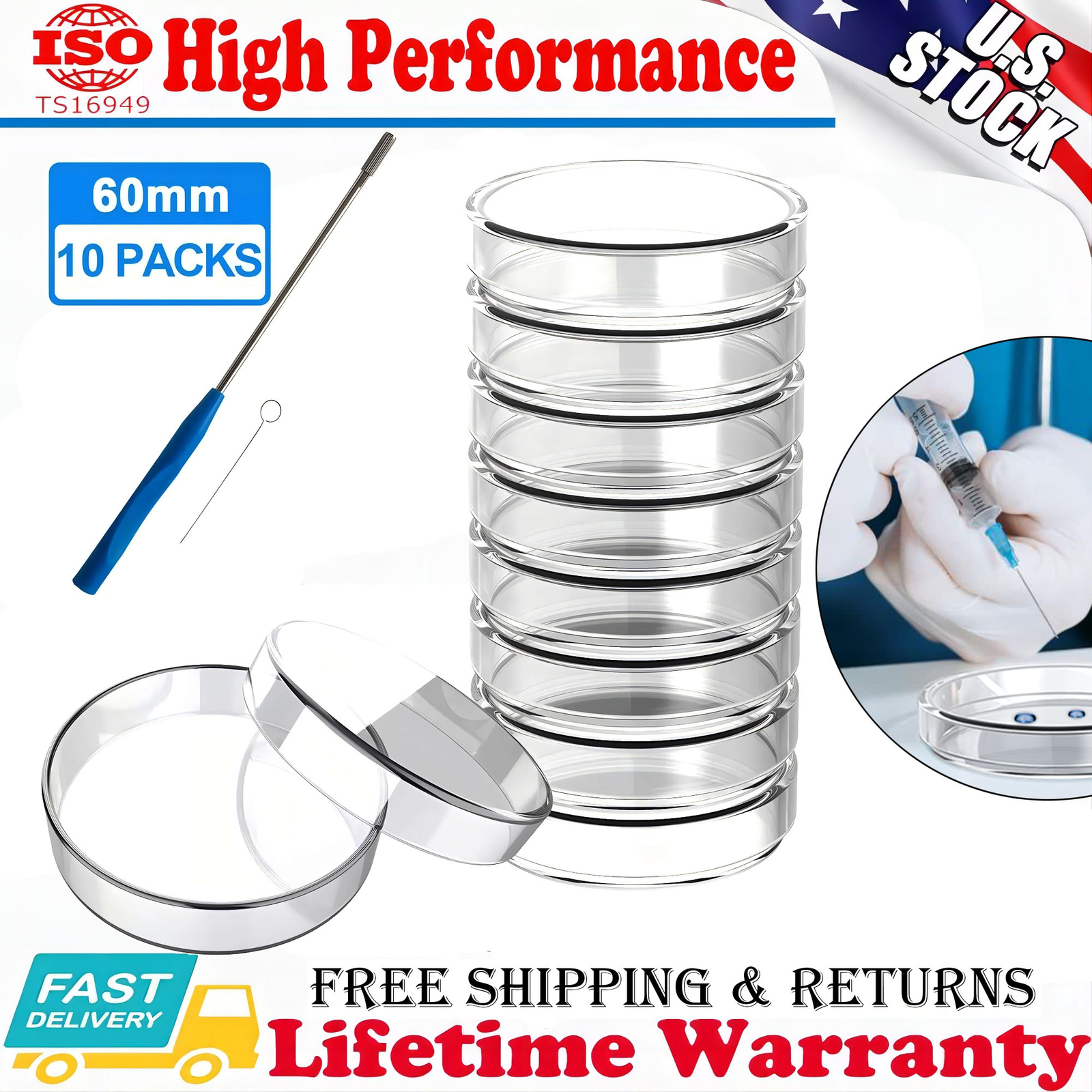 60mm Glass Petri Dish 10Packs W/ Lab Cover Tissue Culture Plate Borosilicate USA