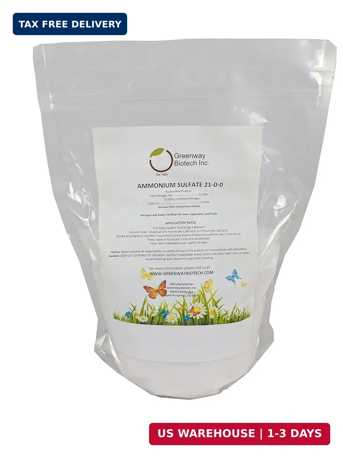 Greenway Biotech Ammonium Sulfate 21-0-0 Fertilizer | 21% Nitrogen + 24% Sulfur