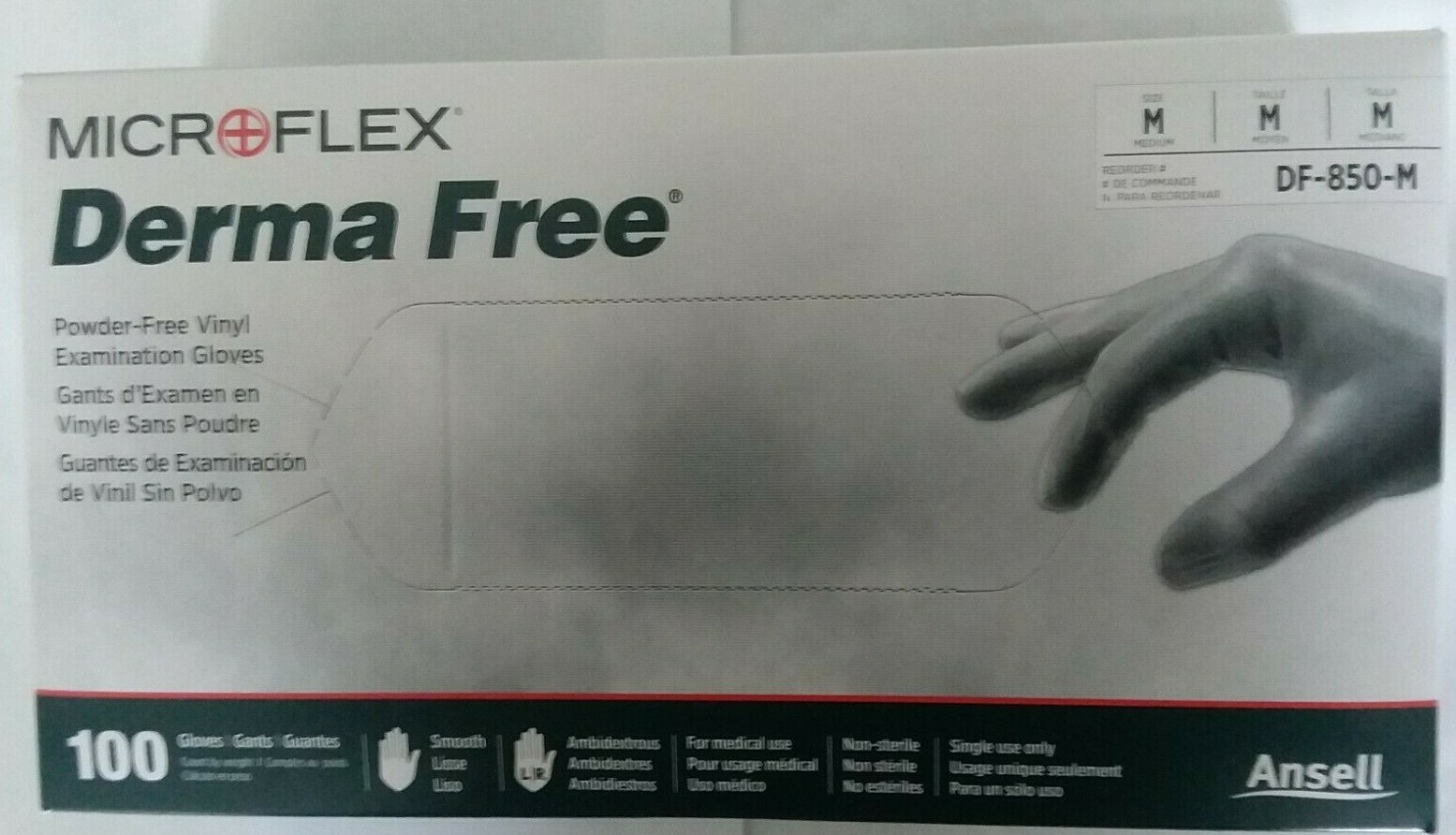 Disposable Gloves 100/bx Medium Microflex Derma Free Vinyl Powder-free DF-850-M