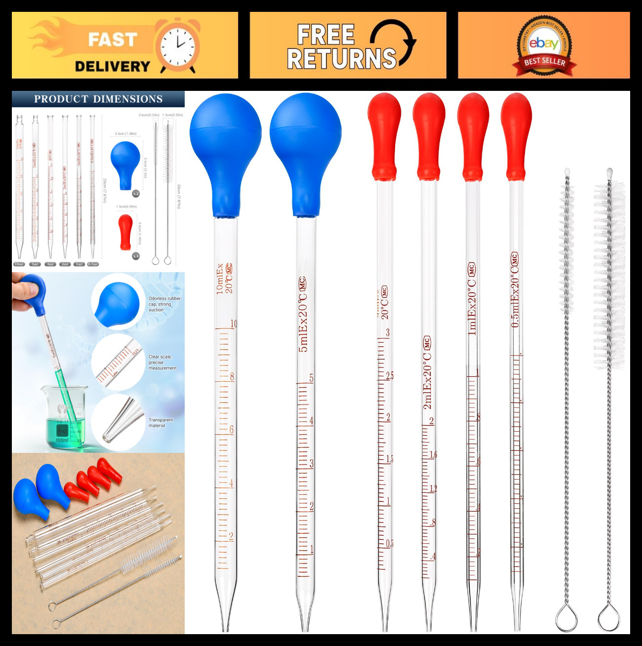 6 Glass Pipettes 10ml 5ml 3ml 2ml 1ml 0.5ml Graduated Droppers for Liquids, Oils