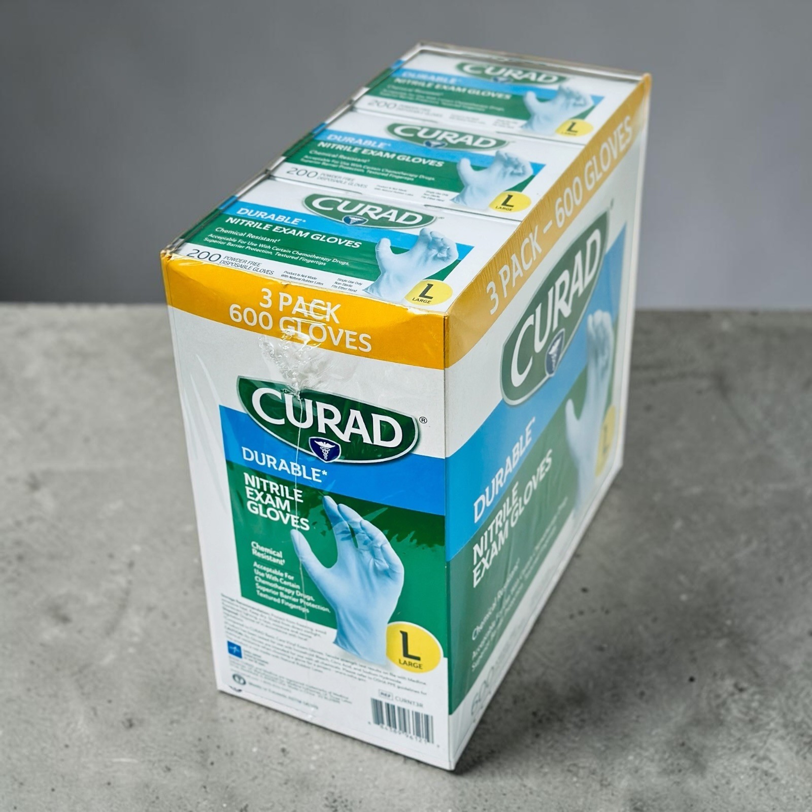 CURAD Durable Nitrile Exam Gloves, Large, 600 Count (3 boxes x 200 ct)