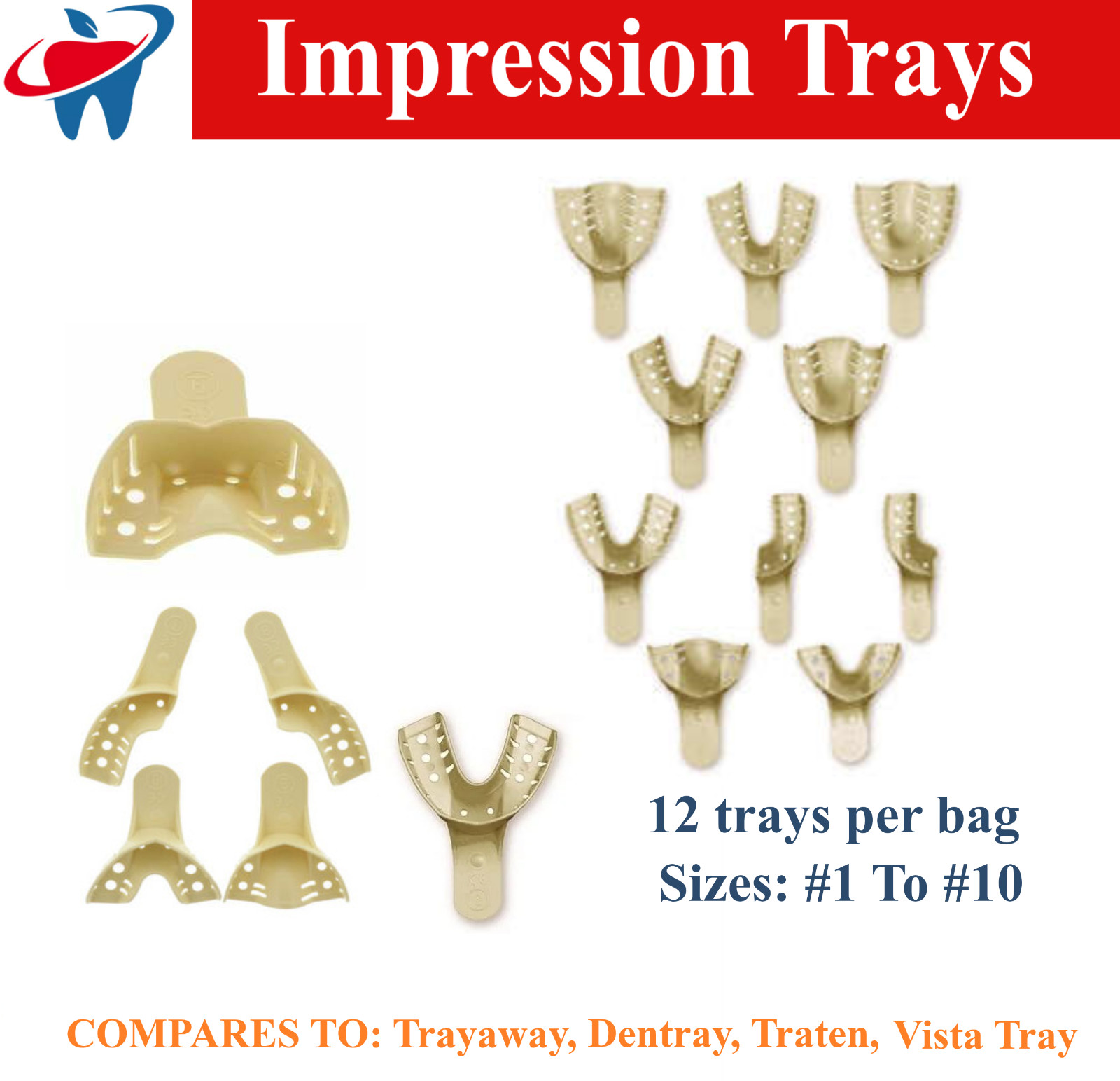 Dental Impression Trays Perforated Plastic Upper Lower, Beige, All Sizes, 12/Bg