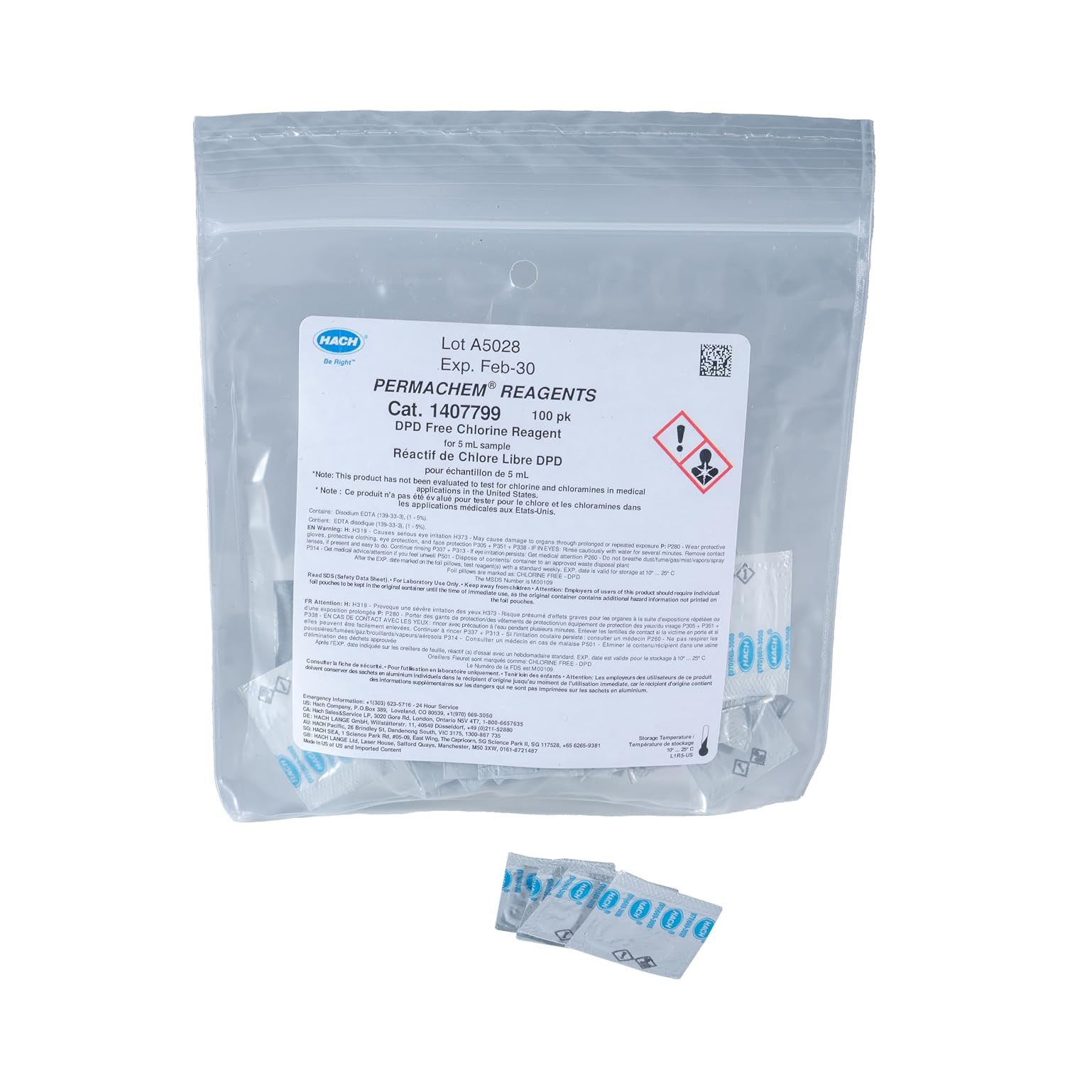 DPD Free Chlorine Reagent Powder Pillows, 5 Ml, Pack of 100, Range from 3.5 Mg/L