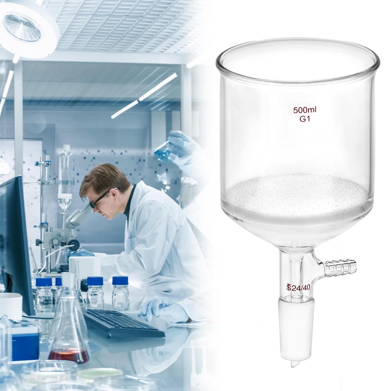 500ml Filtering Buchner Funnel Medium Frit G1 Lab Glassware with Standard 24/…