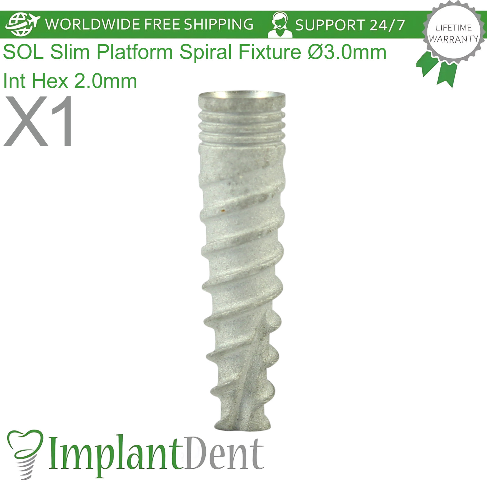 SOL Slim Platform Spiral Dental Fixture Ø3.0mm Titanium Int Hex 2.0mm