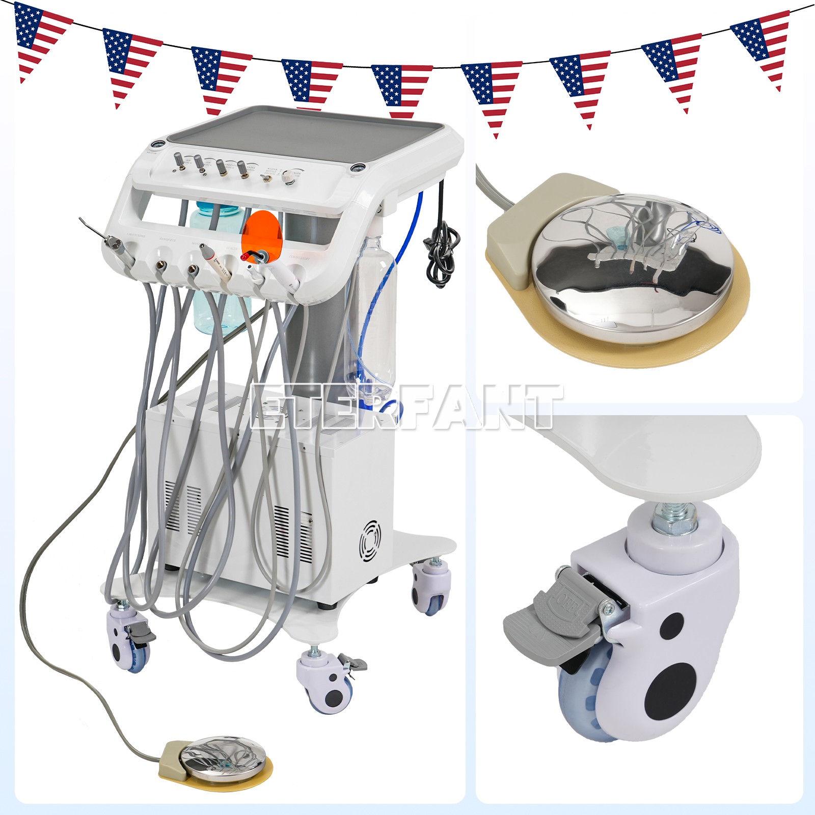 Dental Portable Mobile Cart Delivery Unit System 4Holes with Air Compressor US