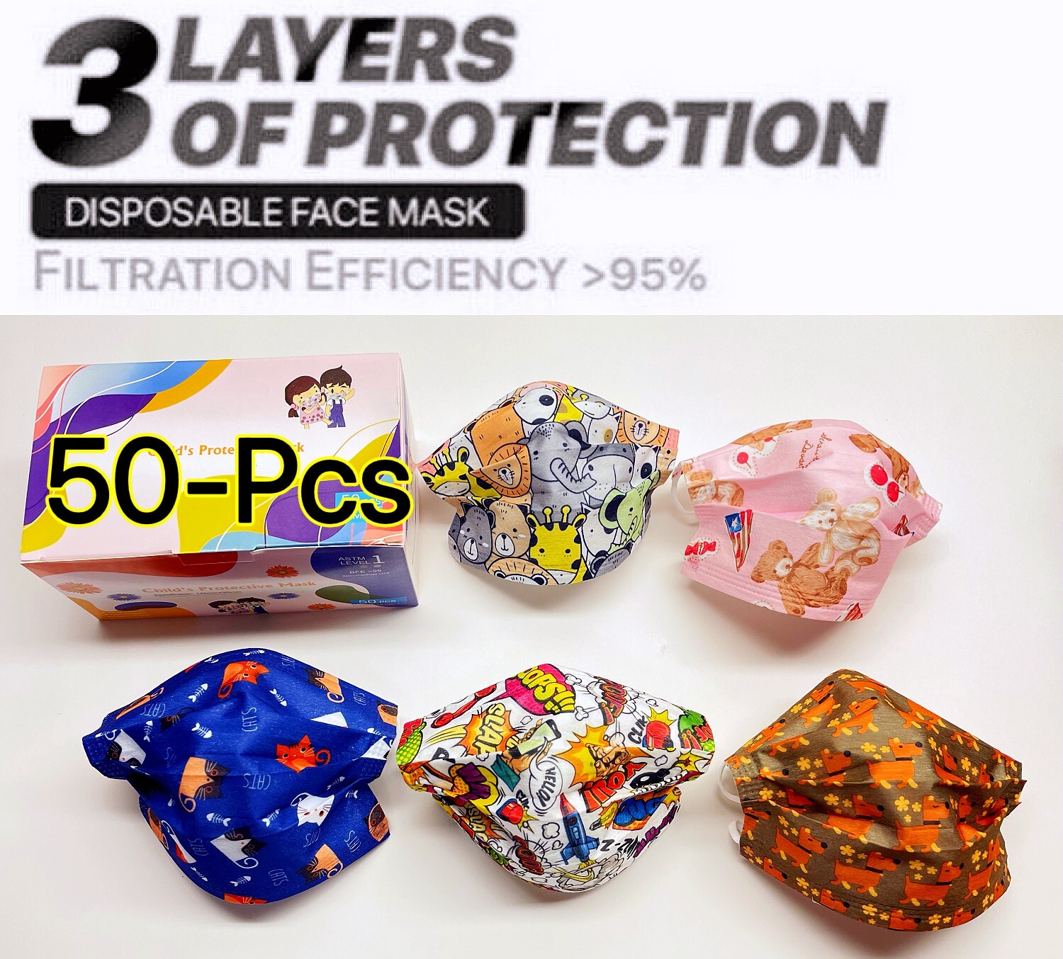 50-PCS Kids Children Animal Print 3-Ply Disposable Face Mask Earloop Mouth Cover